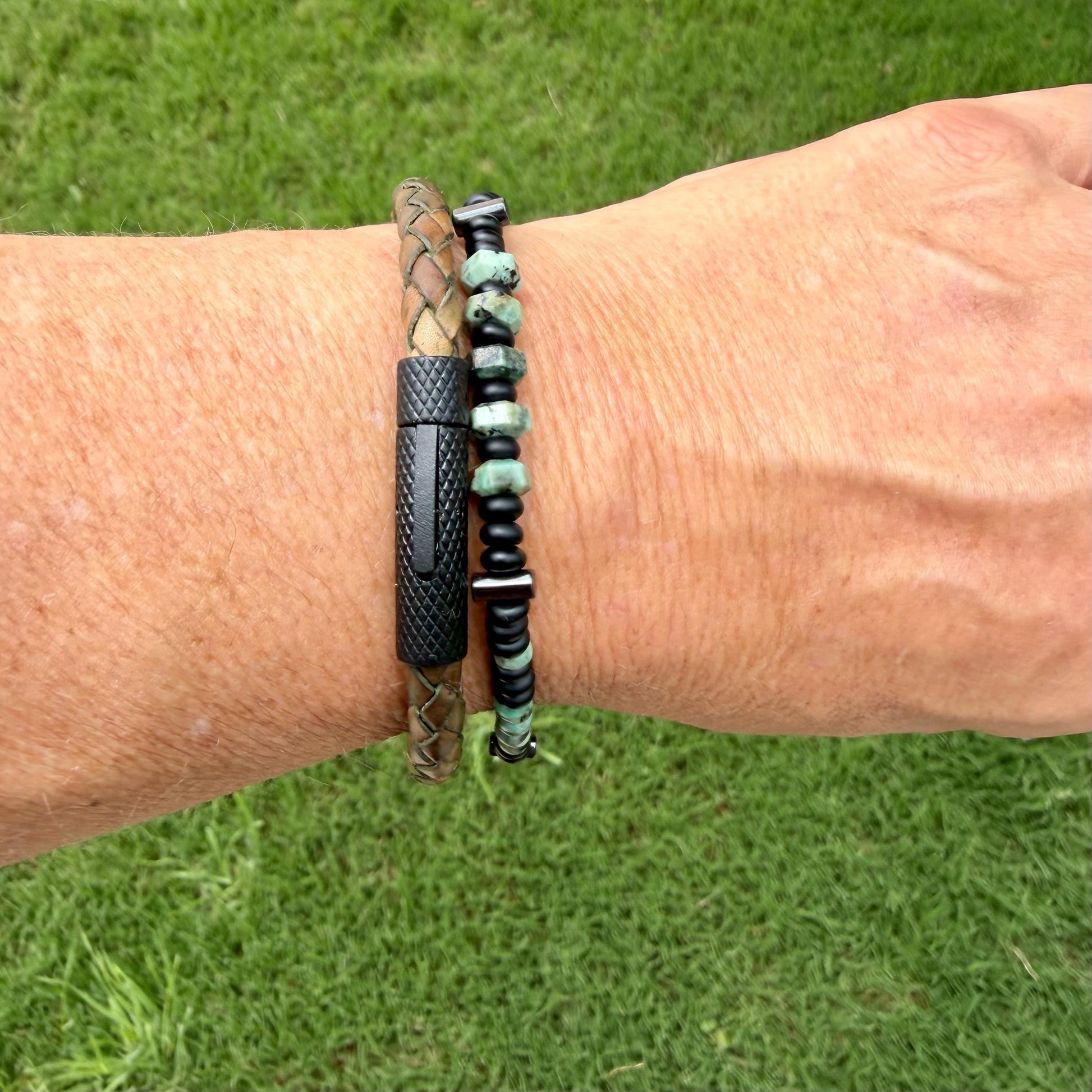 Camo Leather Bracelet Set • African Turquoise • Onyx • Hematite • Stainless Steel Bayonet Clasp