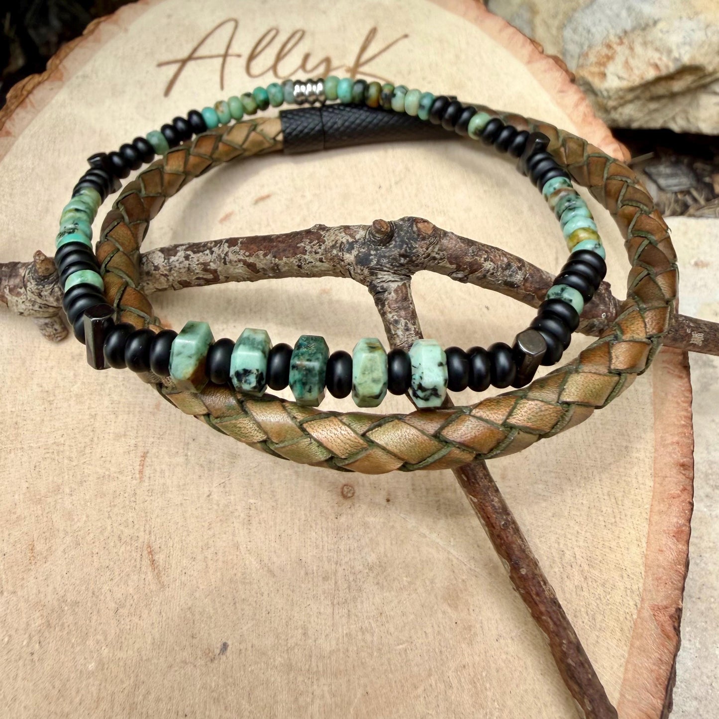 Camo Leather Bracelet Set • African Turquoise • Onyx • Hematite • Stainless Steel Bayonet Clasp