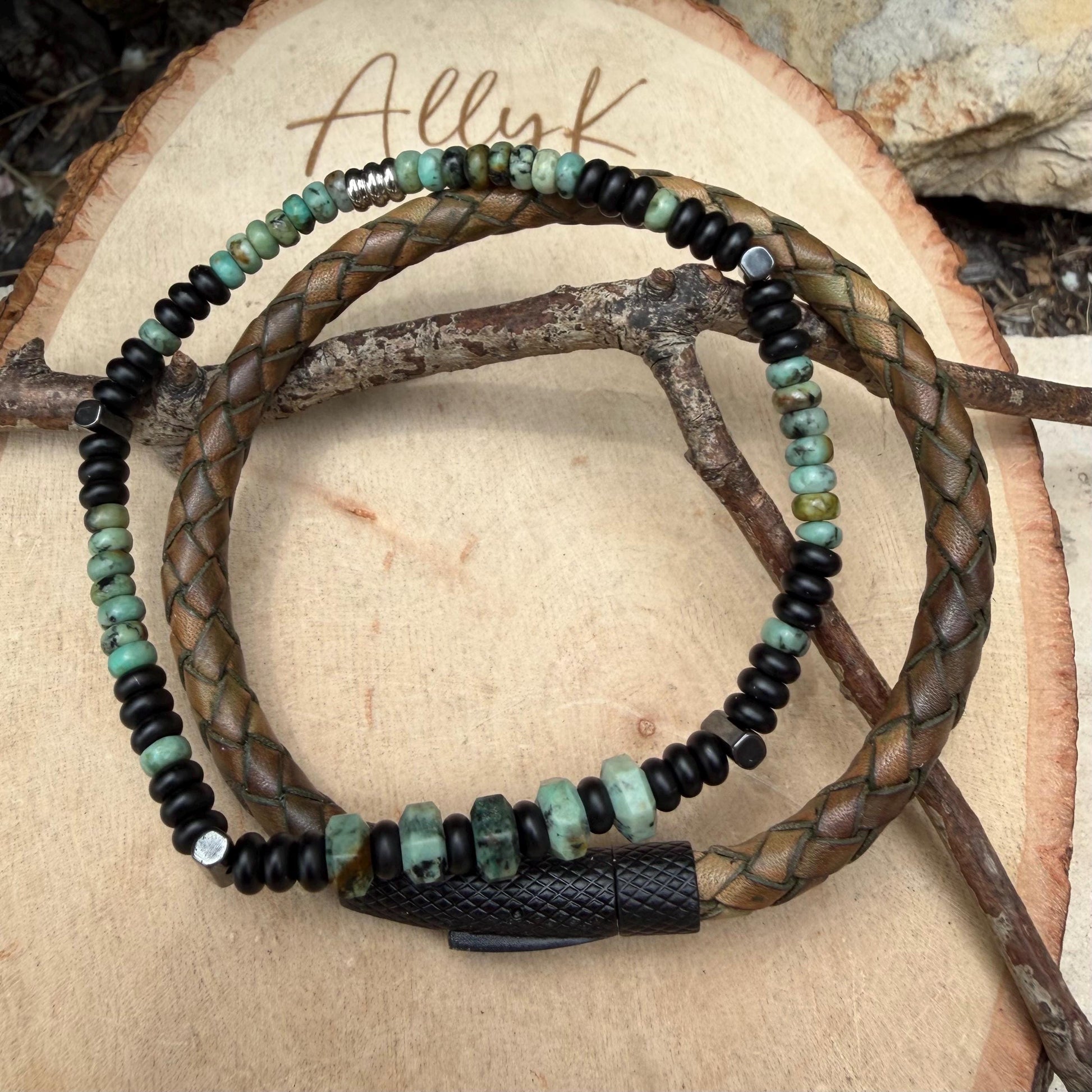 Camo Leather Bracelet Set • African Turquoise • Onyx • Hematite • Stainless Steel Bayonet Clasp