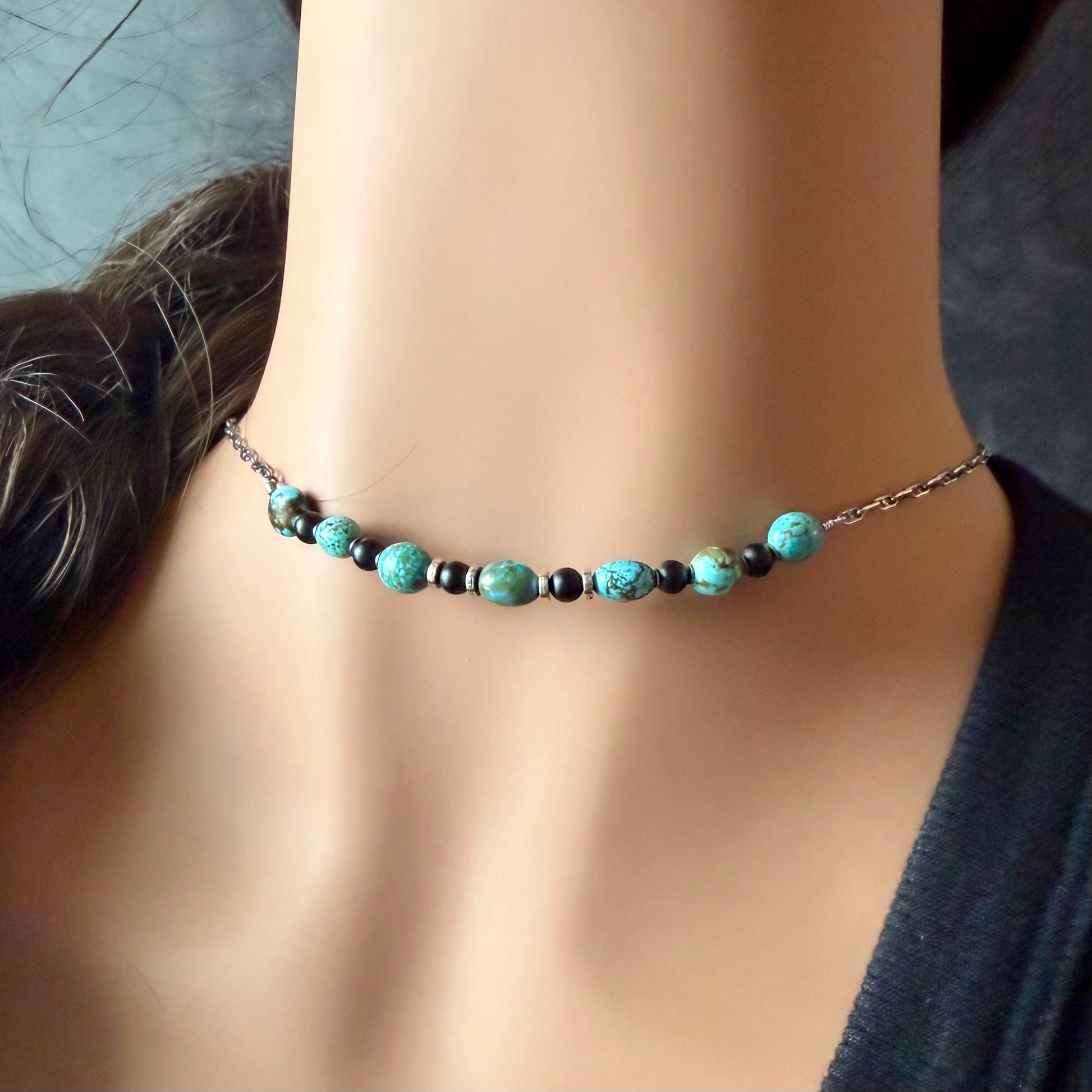 Kingman Turquoise Nugget & Onyx Necklace • Wire‑Wrapped Stone Bar Choker • Sterling Mariner Chain