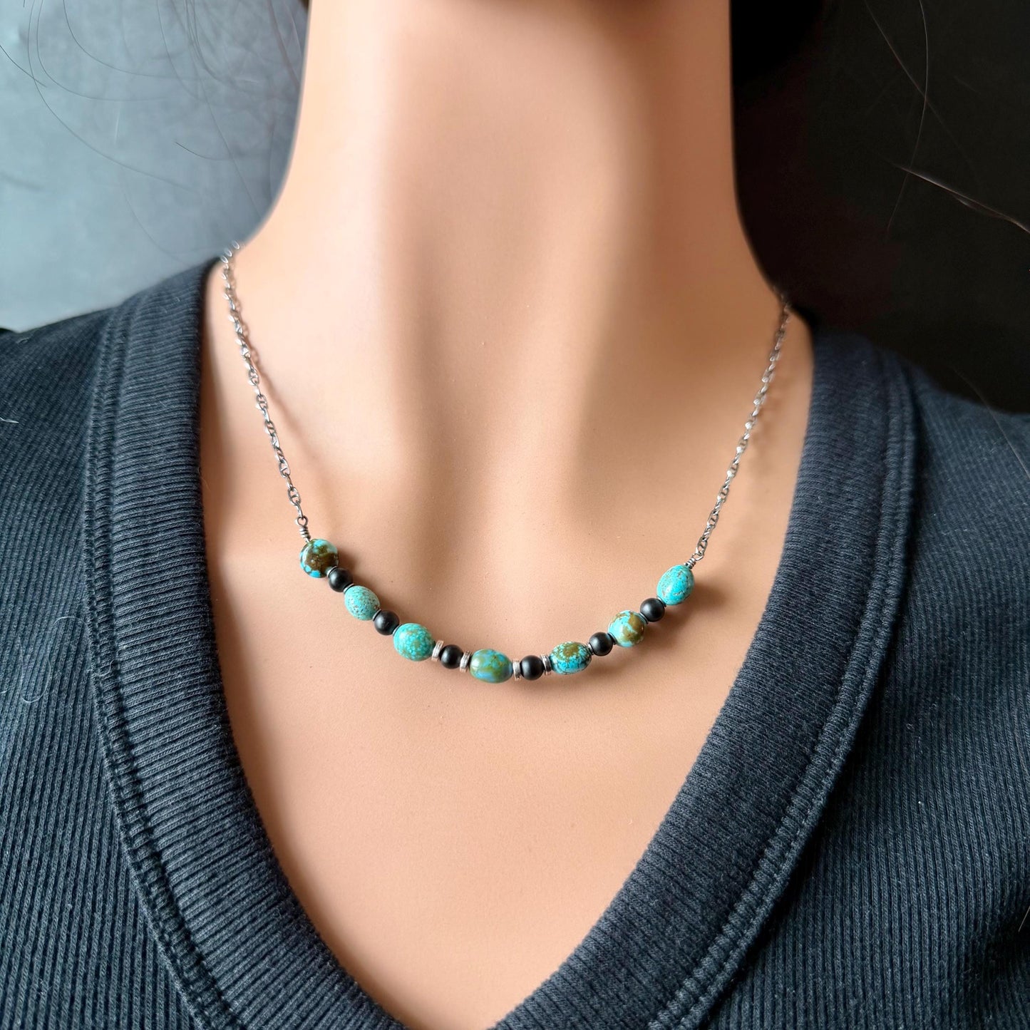 Kingman Turquoise Nugget & Onyx Necklace • Wire‑Wrapped Stone Bar Choker • Sterling Mariner Chain