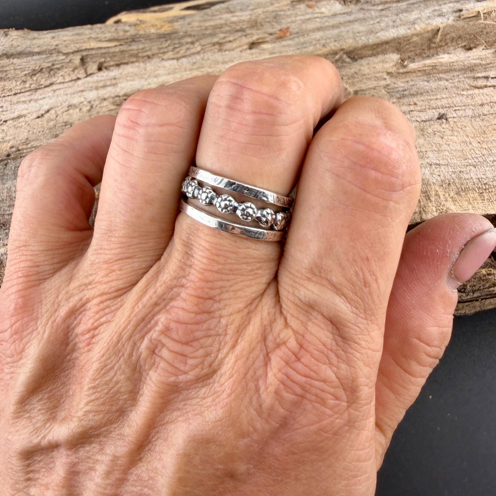 Sterling Ring Stack • 3 Ring Floral Set • Daisy Band • Rustic Silver Rings