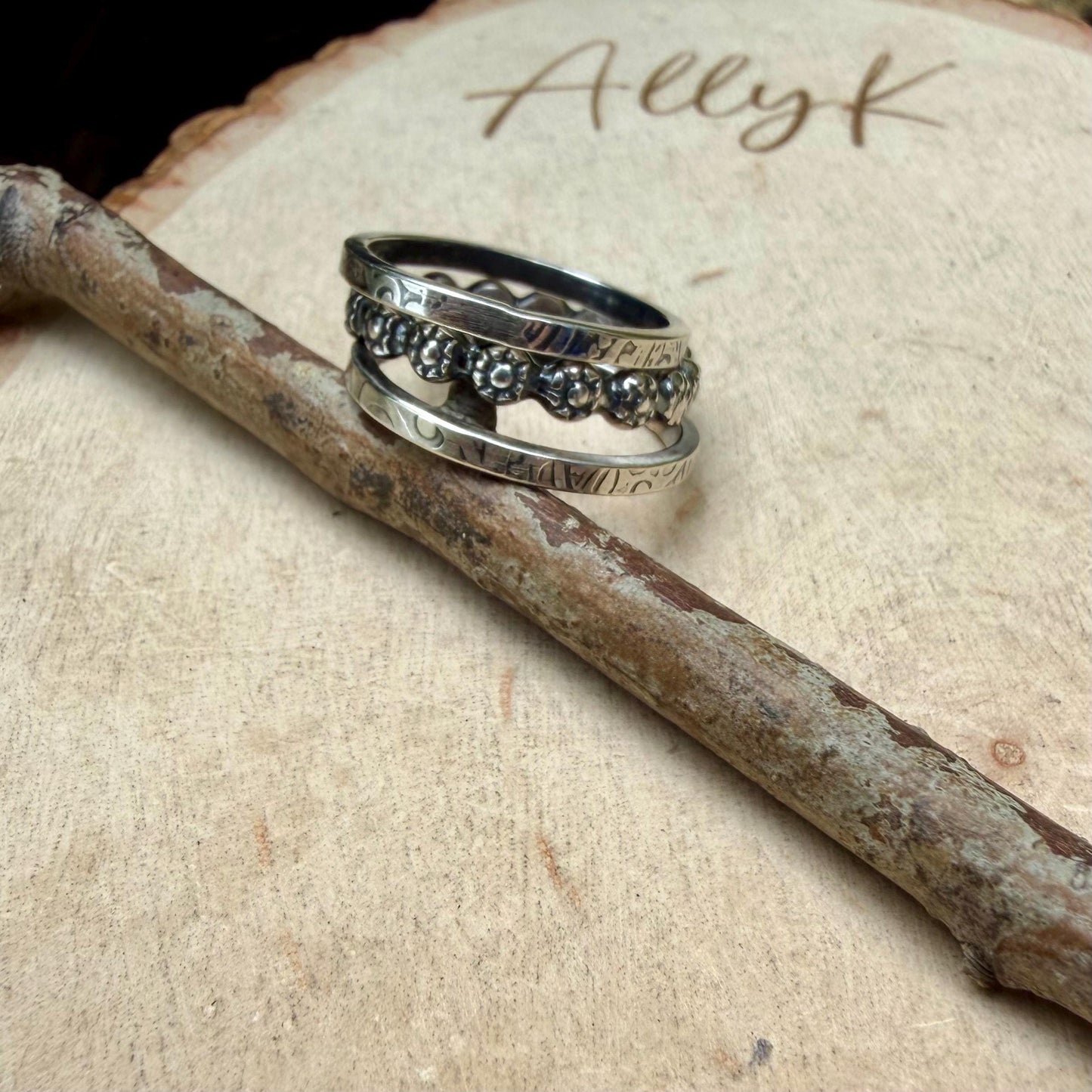 Sterling Ring Stack • 3 Ring Floral Set • Daisy Band • Rustic Silver Rings