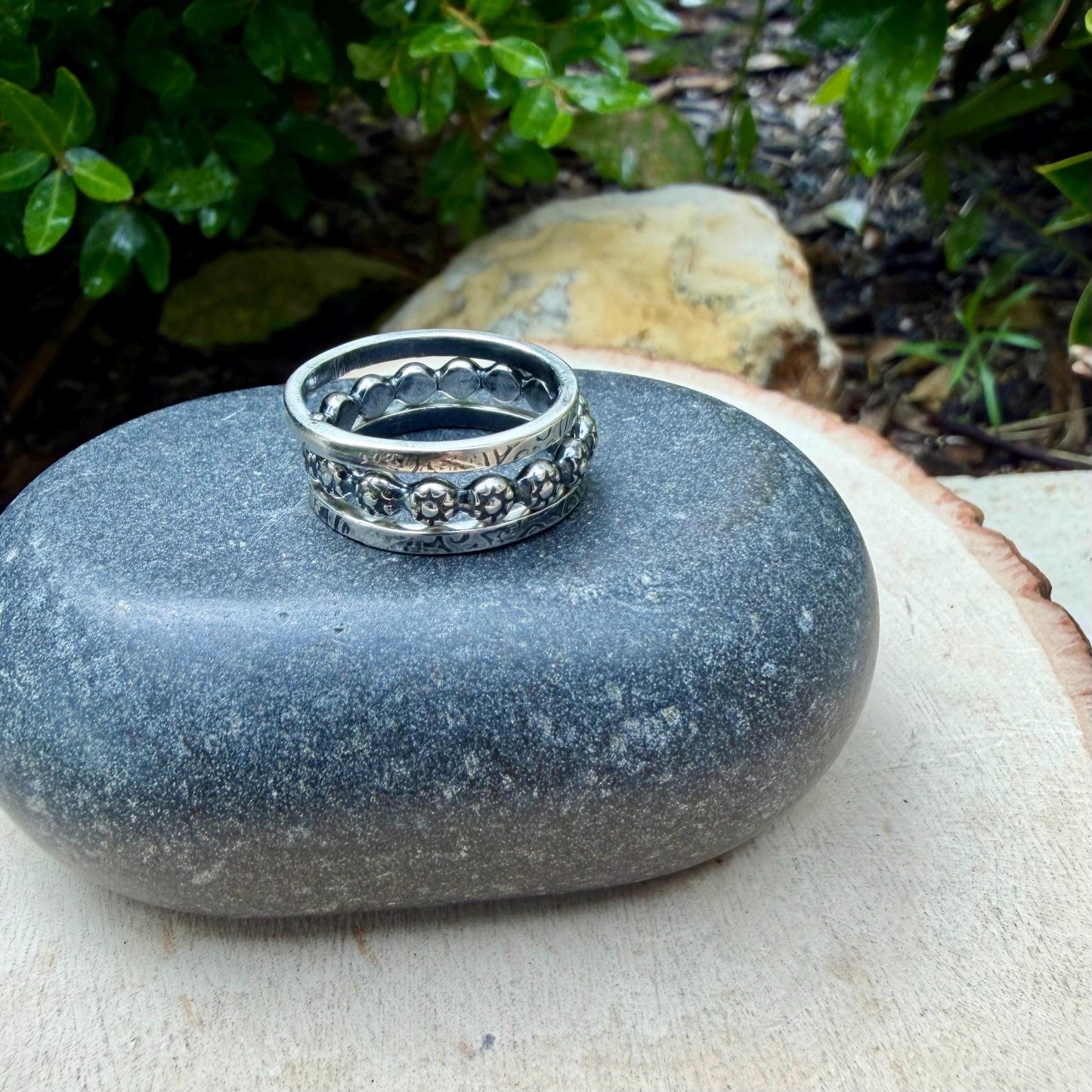 Sterling Ring Stack • 3 Ring Floral Set • Daisy Band • Rustic Silver Rings