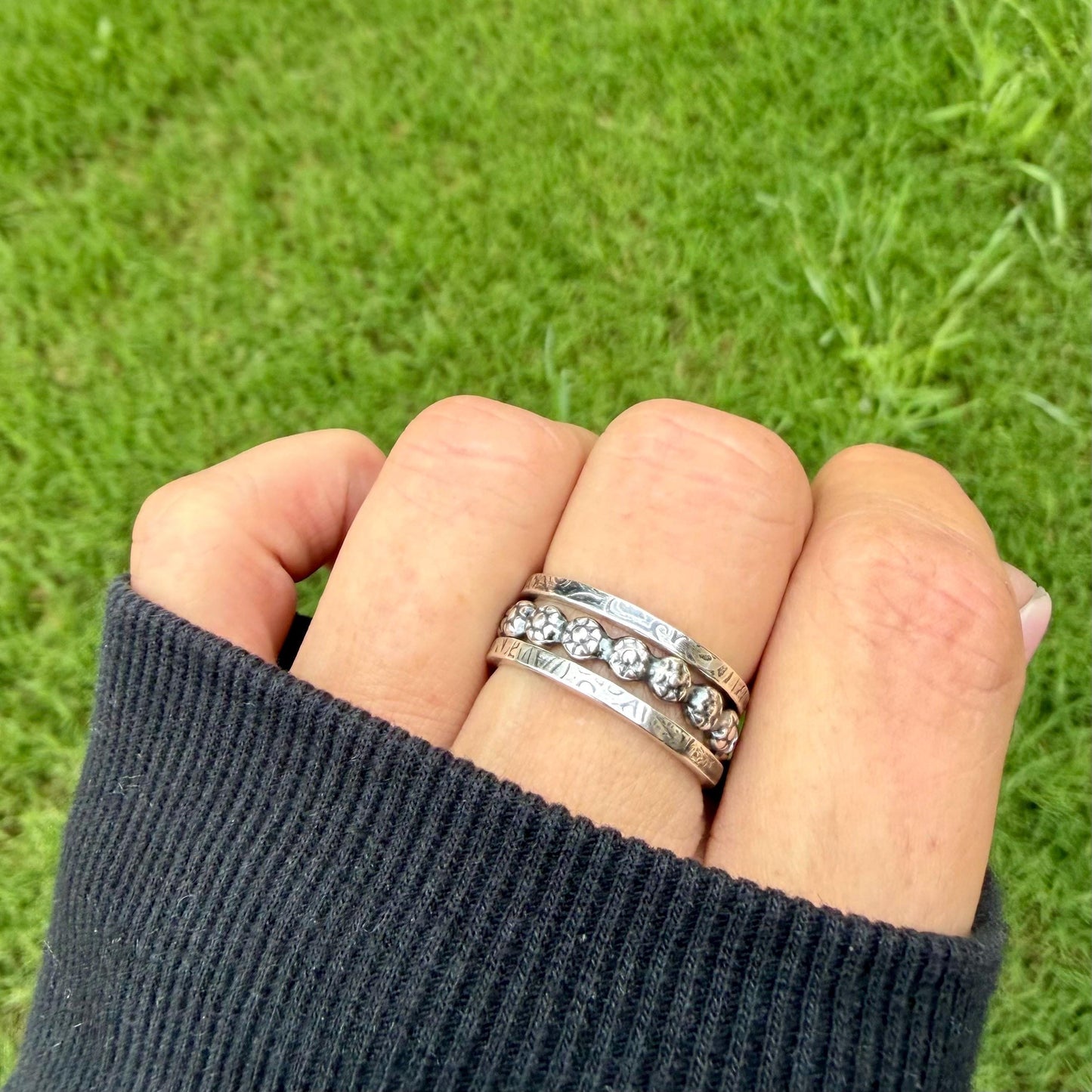 Sterling Ring Stack • 3 Ring Floral Set • Daisy Band • Rustic Silver Rings