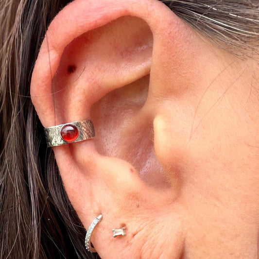 4mm Garnet Ear Cuff • Paisley Sterling Band • Fine Silver Bezel • No Piercing