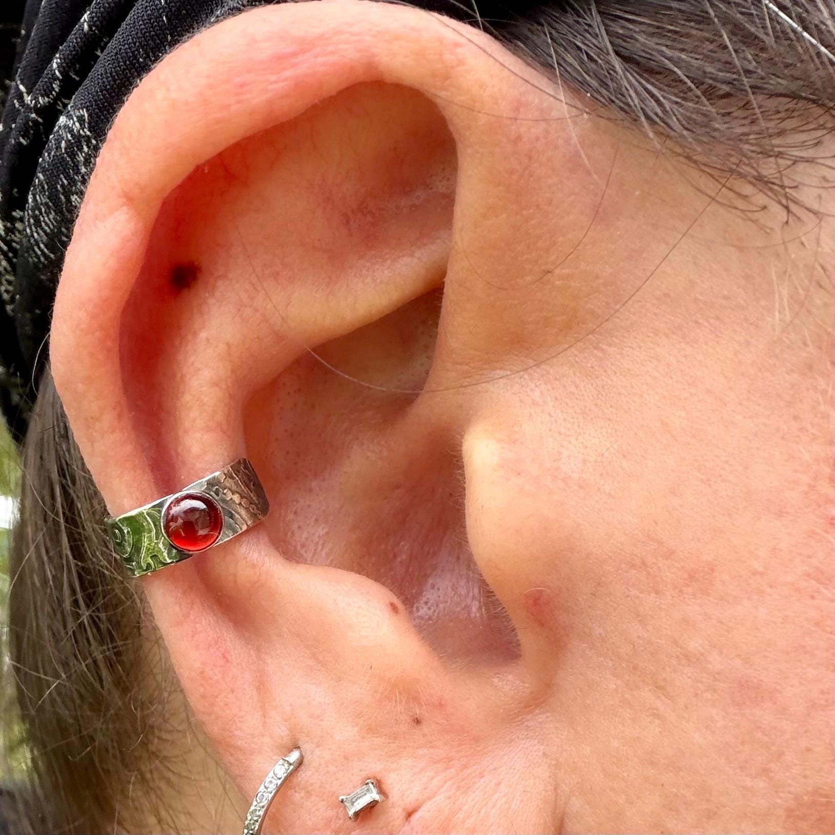 4mm Garnet Ear Cuff • Paisley Sterling Band • Fine Silver Bezel • No Piercing