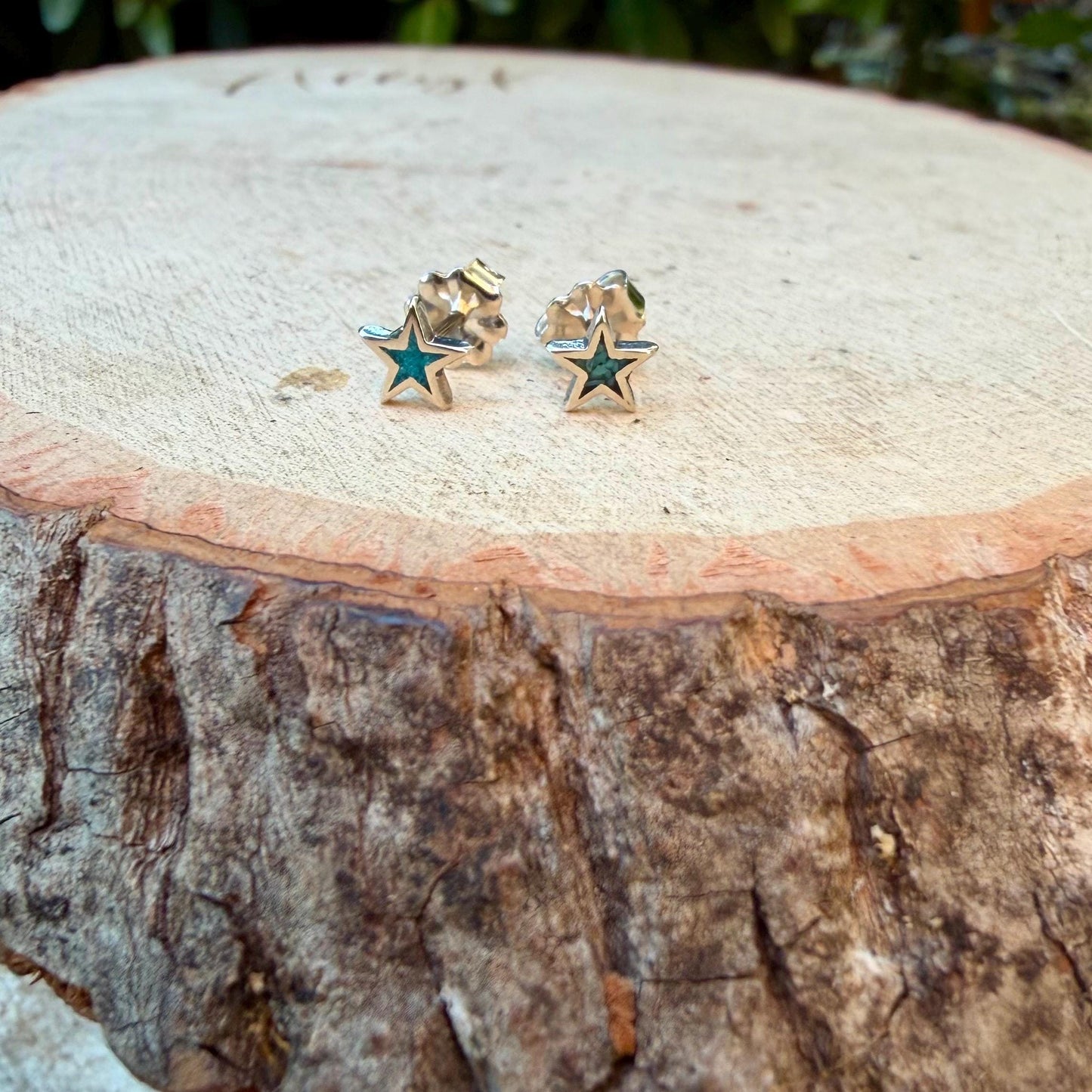 Sterling Star Earrings • Turquoise Chip Inlay • Western Silver Dainty Stud Posts