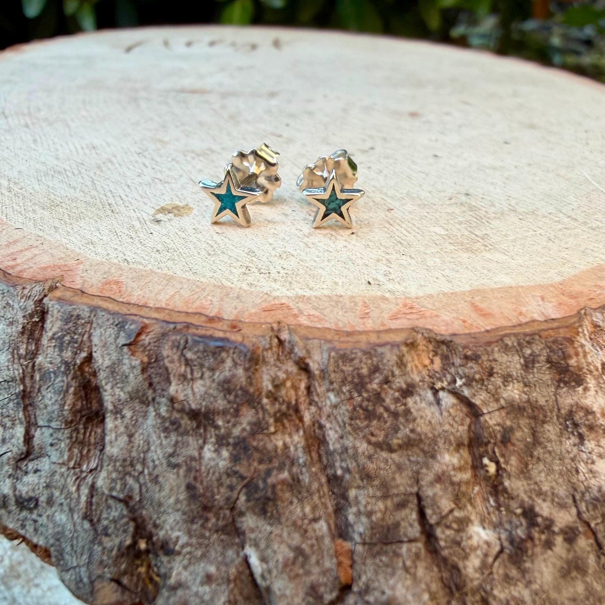 Sterling Star Earrings • Turquoise Chip Inlay • Western Silver Dainty Stud Posts