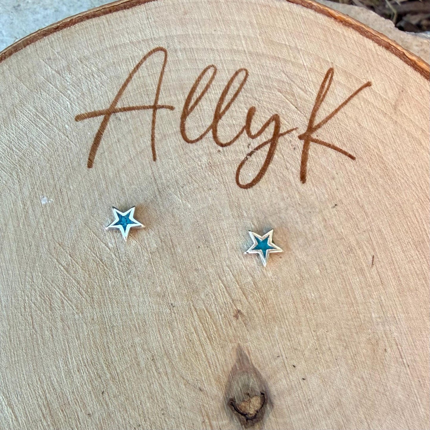 Sterling Star Earrings • Turquoise Chip Inlay • Western Silver Dainty Stud Posts
