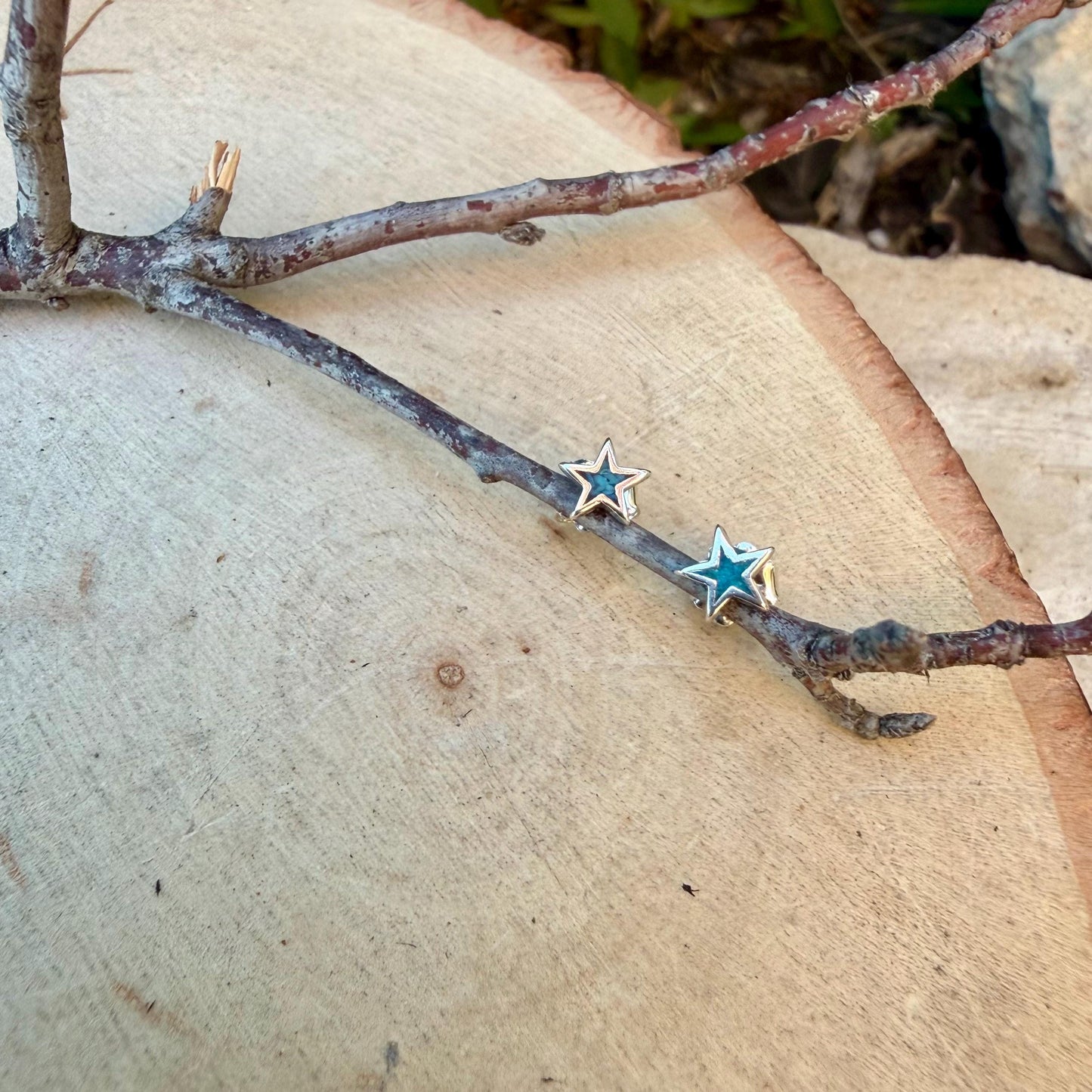 Sterling Star Earrings • Turquoise Chip Inlay • Western Silver Dainty Stud Posts