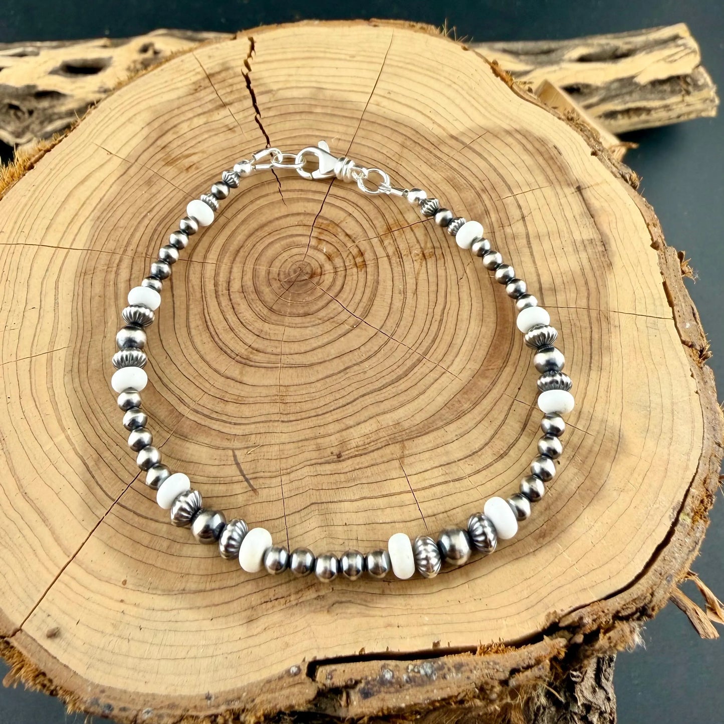 Southwestern Sterling Desert Pearl and White Turquoise Bracelet • Silver Stacker