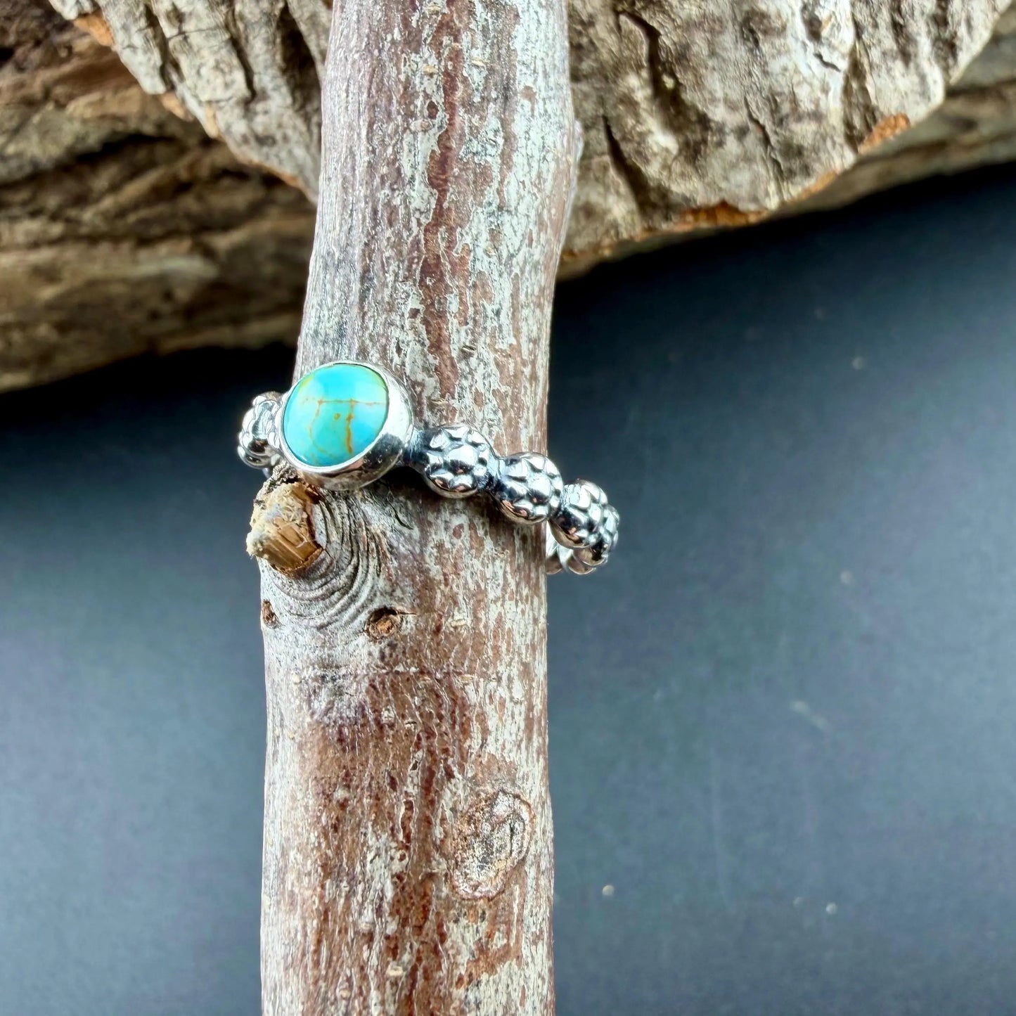 Kingman Turquoise Sterling Silver Ring • 6mm Cabochon • Floral Daisy Band • 925 Jewelry