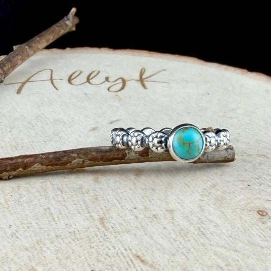 Kingman Turquoise Sterling Silver Ring • 6mm Cabochon • Floral Daisy Band • 925 Jewelry