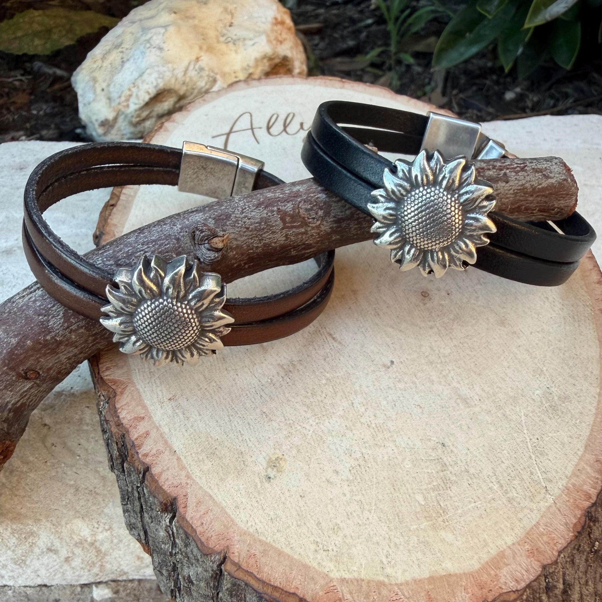 Sunflower Leather Bracelet • Double‑Strand 5mm Leather • Antique Silver Magnetic Cuff