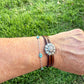 Sunflower Leather Bracelet • Double‑Strand 5mm Leather • Antique Silver Magnetic Cuff