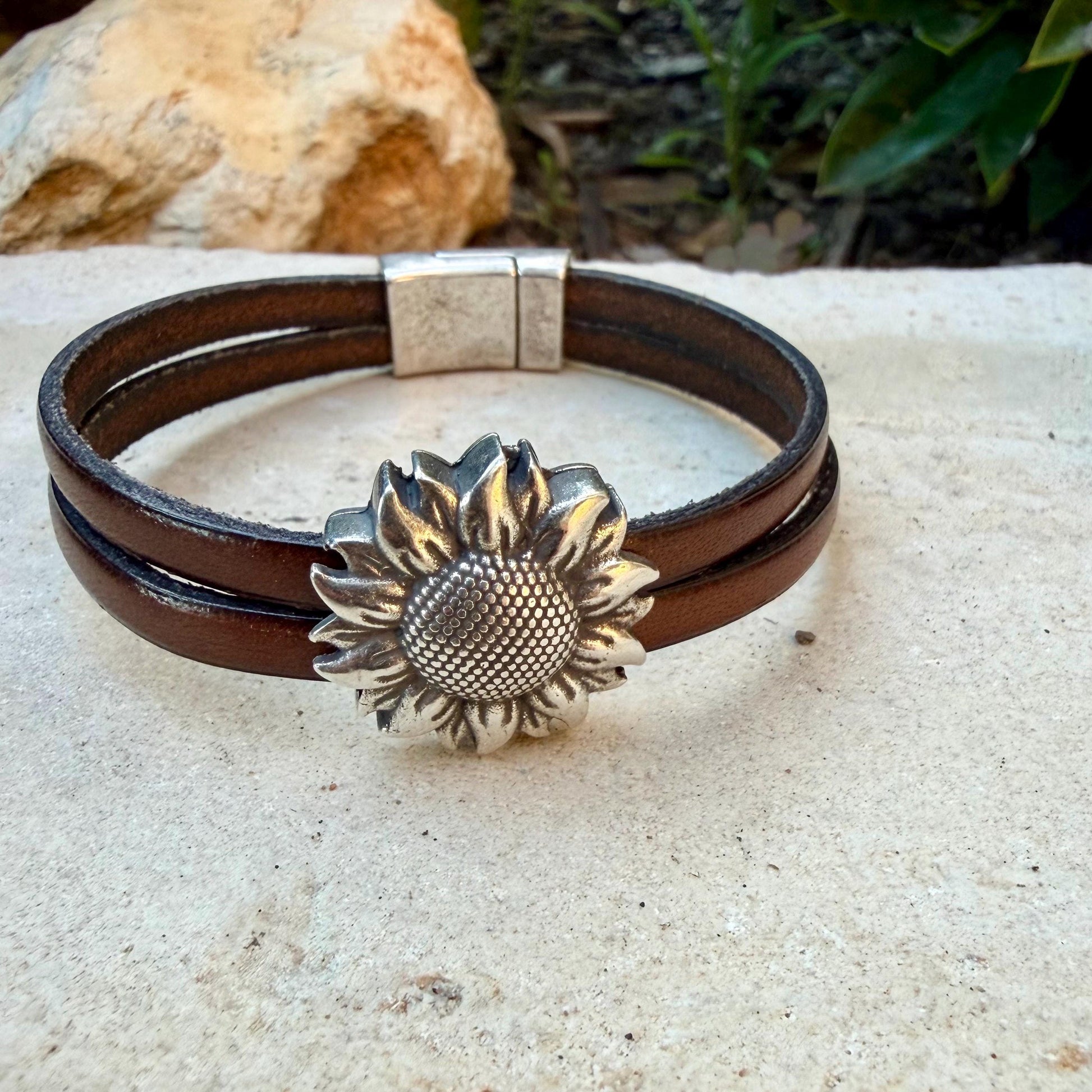 Sunflower Leather Bracelet • Double‑Strand 5mm Leather • Antique Silver Magnetic Cuff