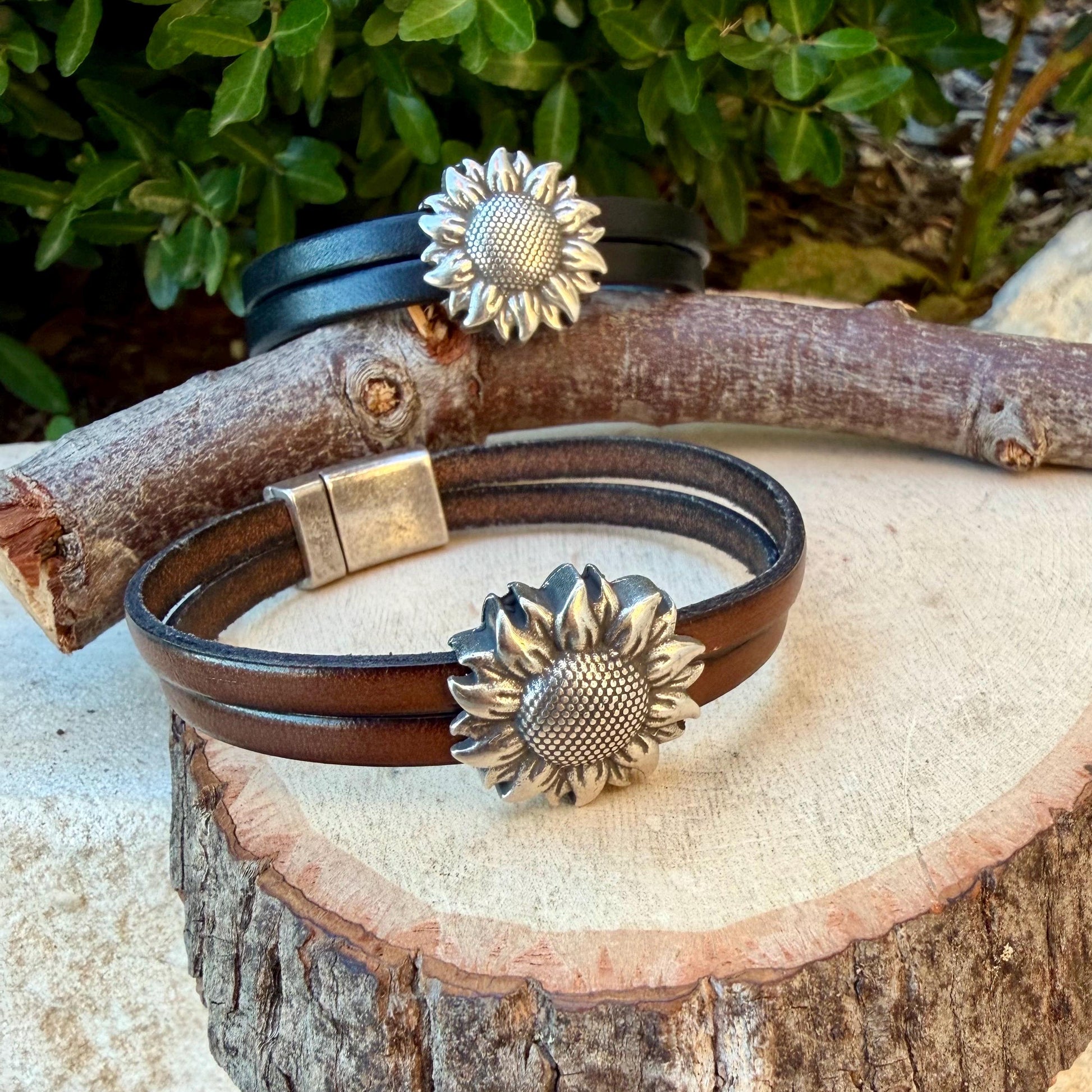 Sunflower Leather Bracelet • Double‑Strand 5mm Leather • Antique Silver Magnetic Cuff