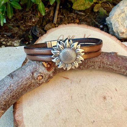 Sunflower Leather Bracelet • Double‑Strand 5mm Leather • Antique Silver Magnetic Cuff