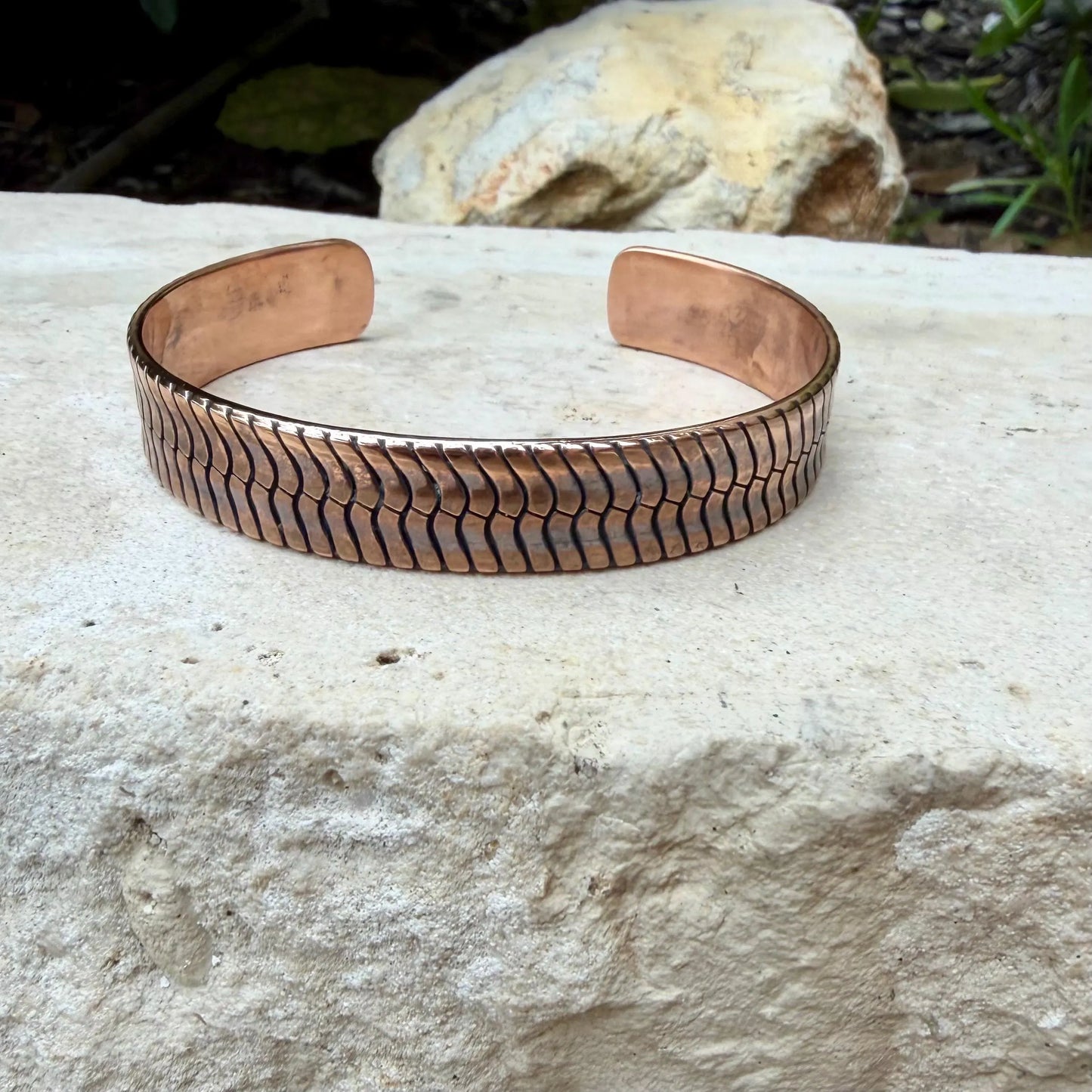 Herringbone Copper Cuff Bracelet – Rustic Antique Patina Design