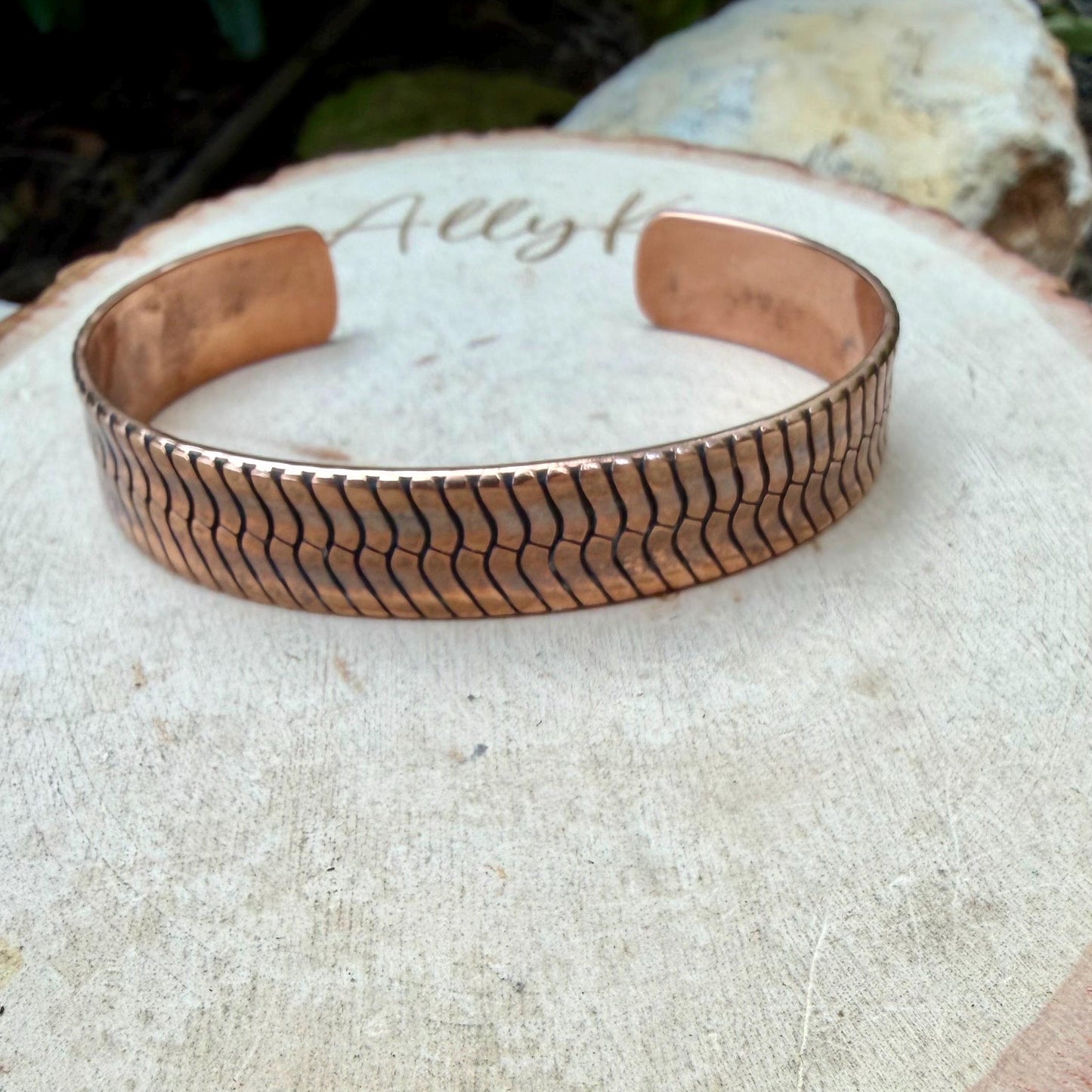 Herringbone Copper Cuff Bracelet – Rustic Antique Patina Design