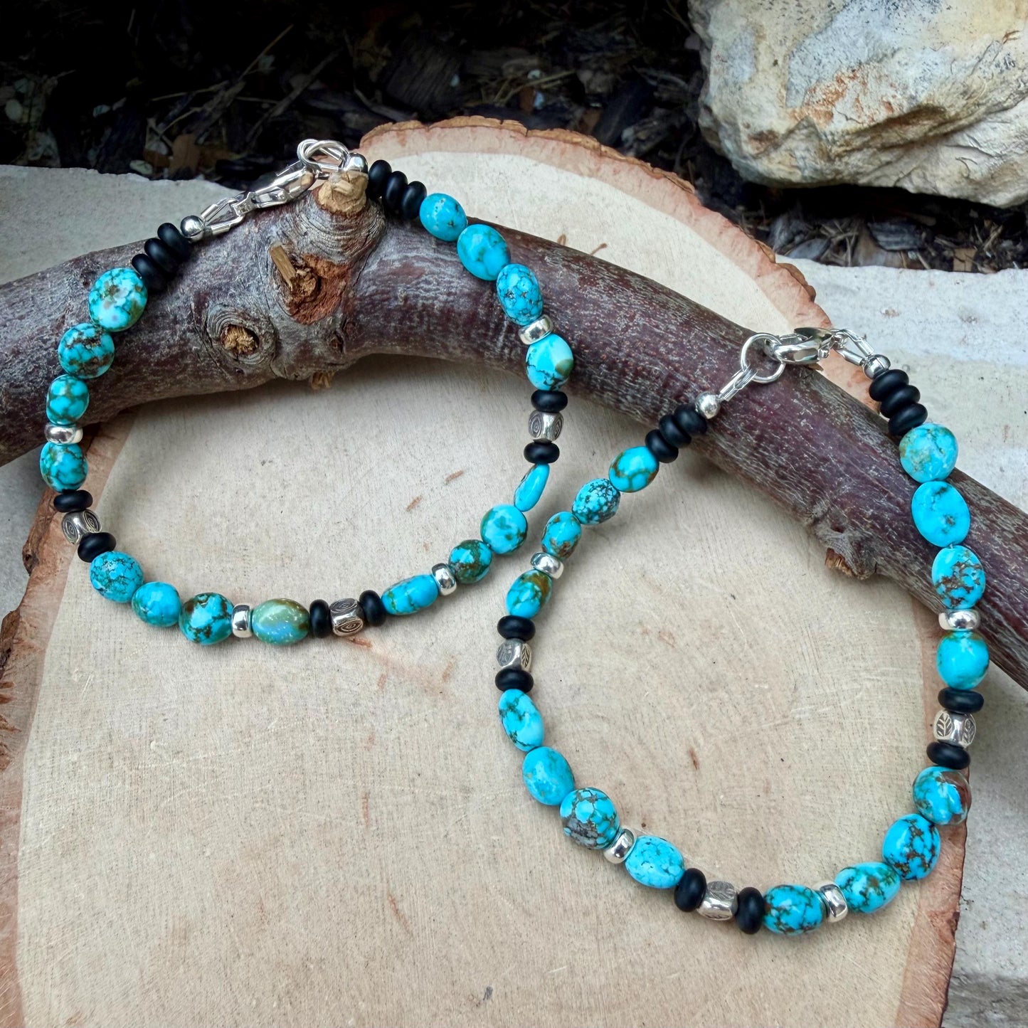 Kingman Turquoise Nugget Bracelet • Black Onyx • Sterling Silver • Evil Eye or Feather Charm