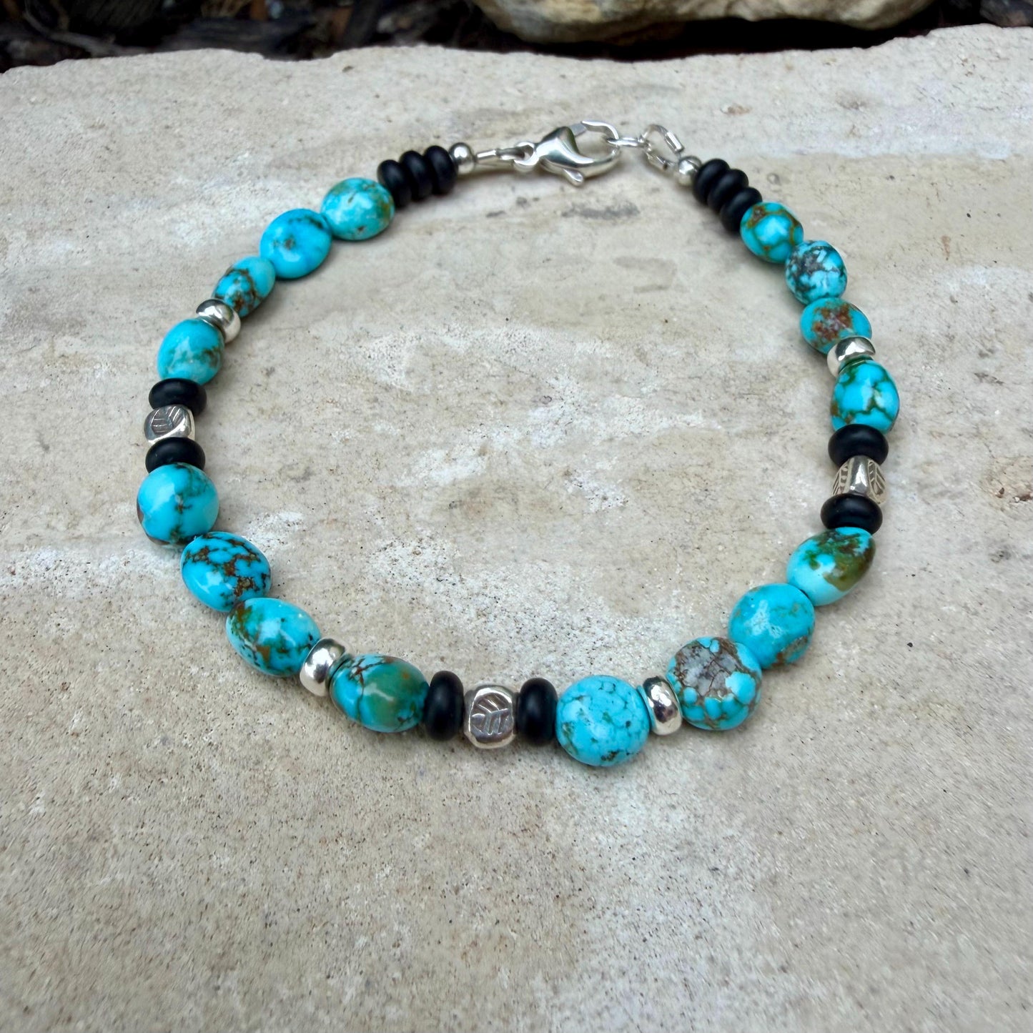 Kingman Turquoise Nugget Bracelet • Black Onyx • Sterling Silver • Evil Eye or Feather Charm