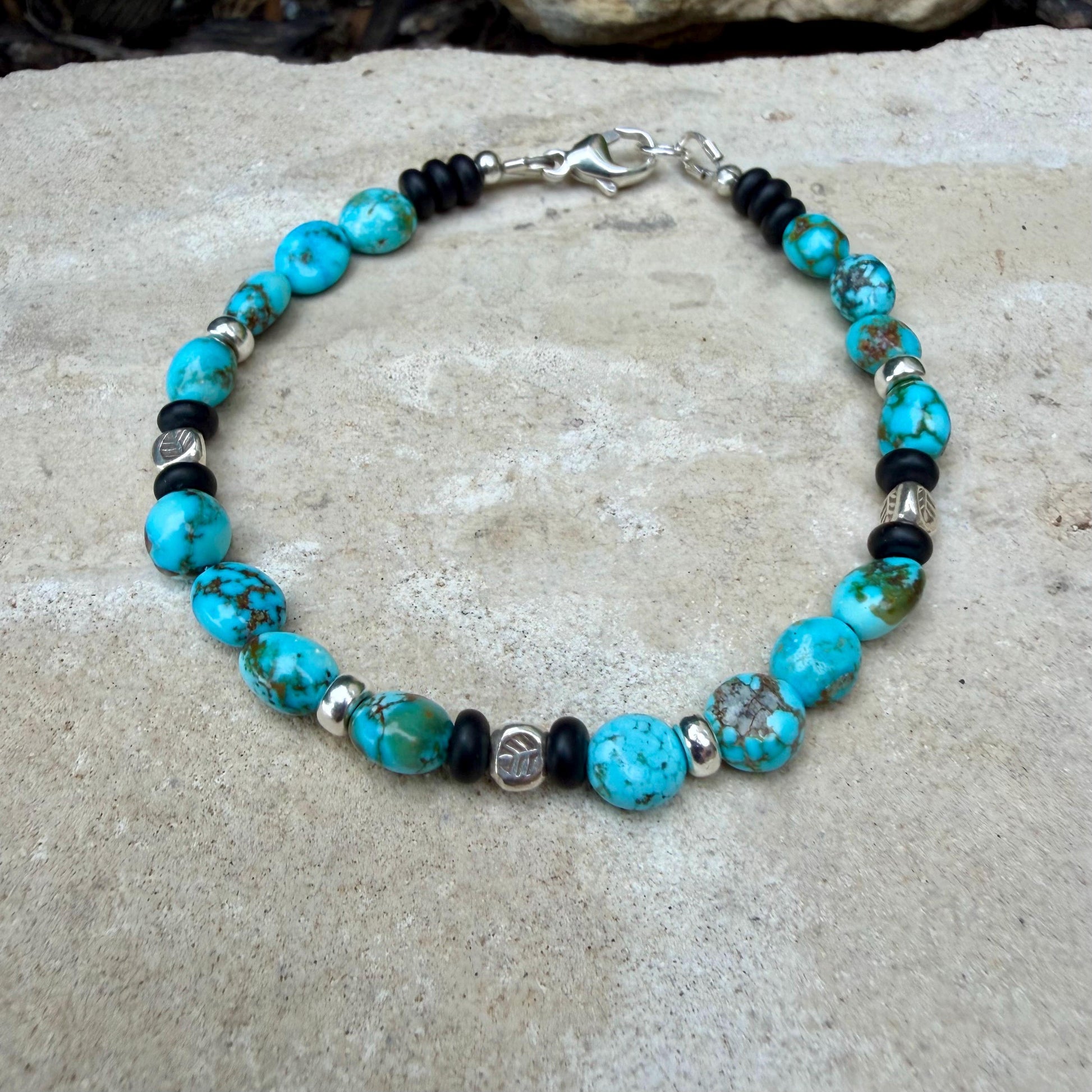 Kingman Turquoise Nugget Bracelet • Black Onyx • Sterling Silver • Evil Eye or Feather Charm