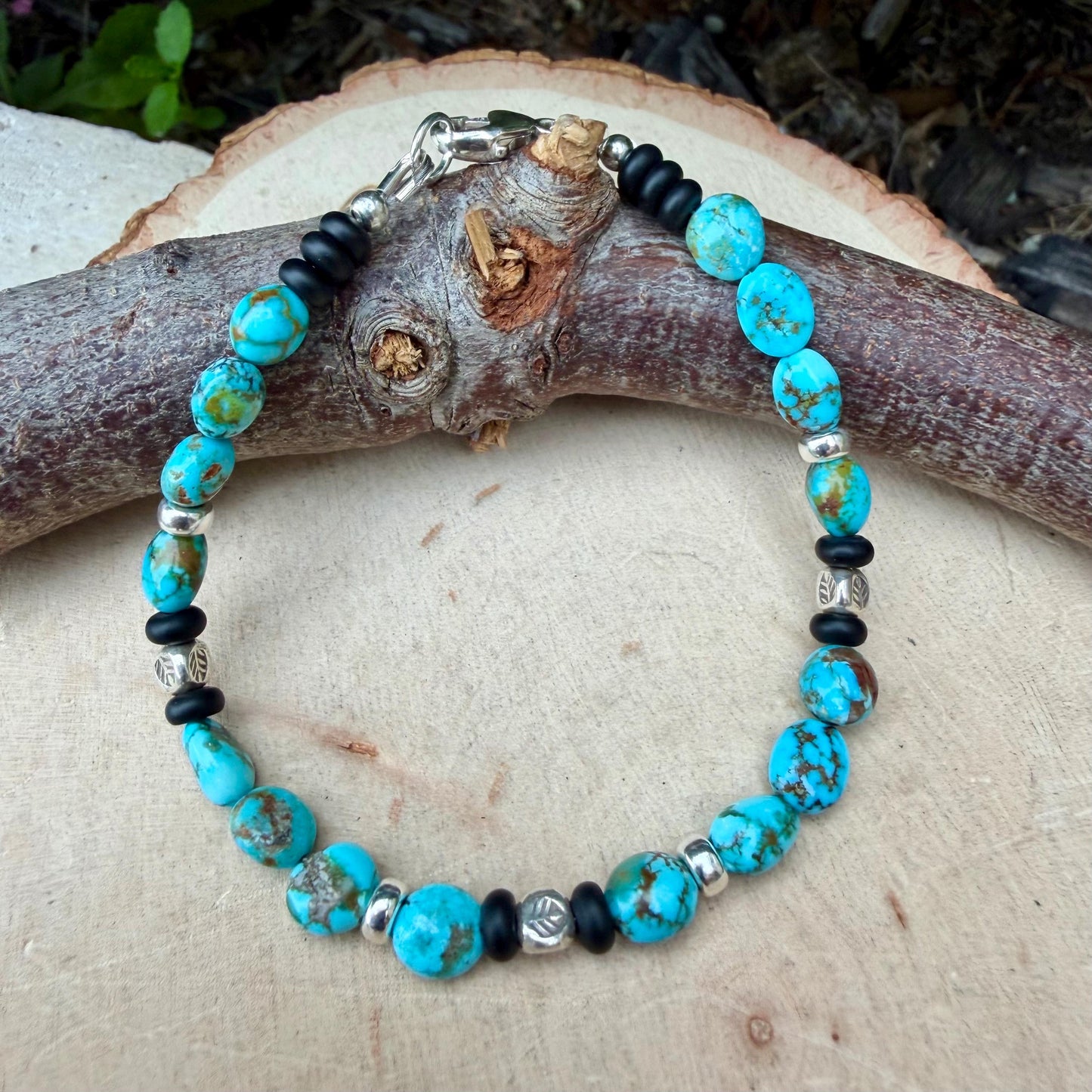 Kingman Turquoise Nugget Bracelet • Black Onyx • Sterling Silver • Evil Eye or Feather Charm