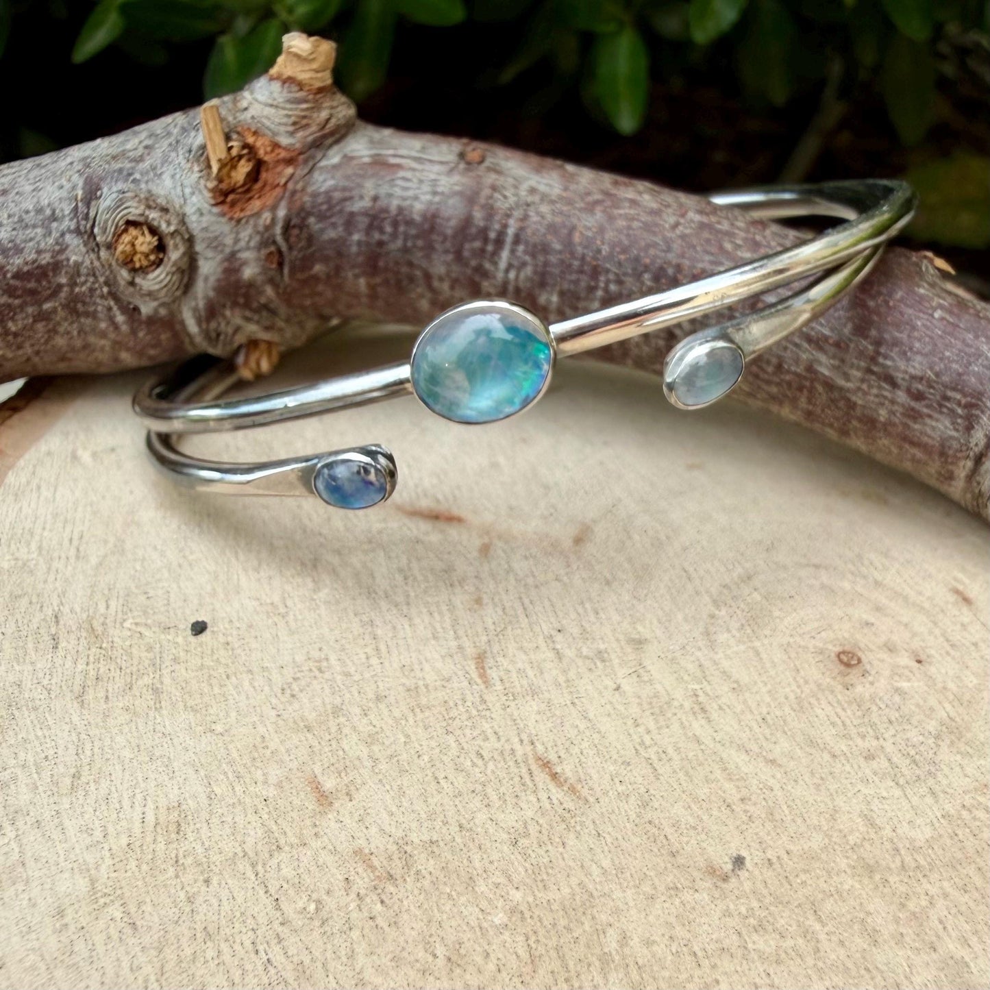 Rainbow Moonstone Cuff Set of 2 • Handmade Adjustable Sterling Silver Stack Bracelets