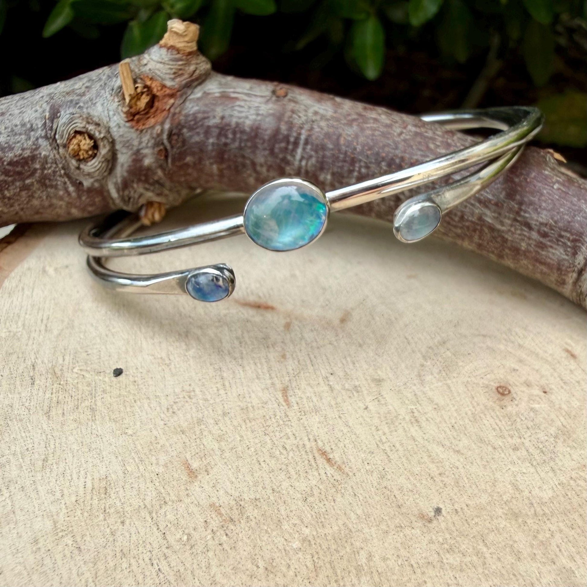 Rainbow Moonstone Cuff Set of 2 • Handmade Adjustable Sterling Silver Stack Bracelets