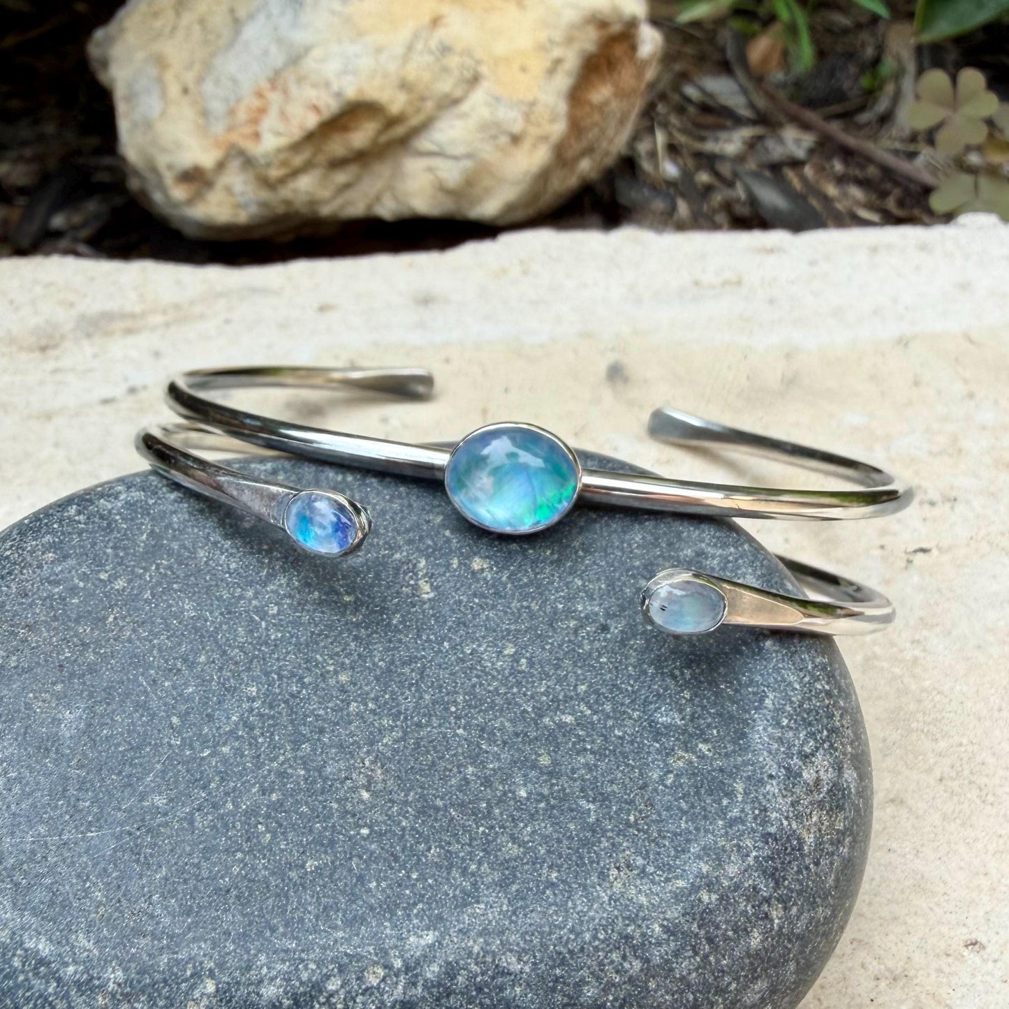Rainbow Moonstone Cuff Set of 2 • Handmade Adjustable Sterling Silver Stack Bracelets