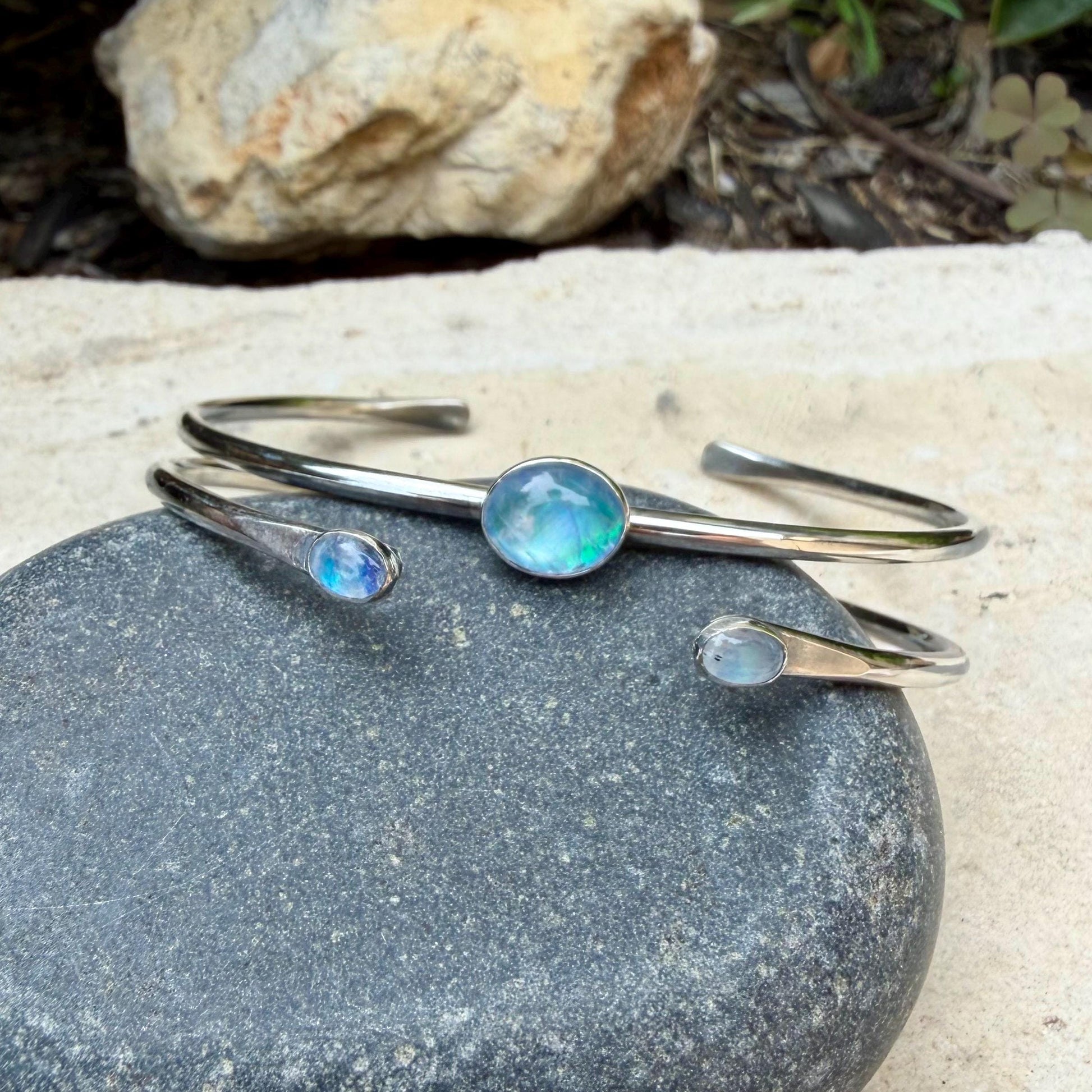 Rainbow Moonstone Cuff Set of 2 • Handmade Adjustable Sterling Silver Stack Bracelets