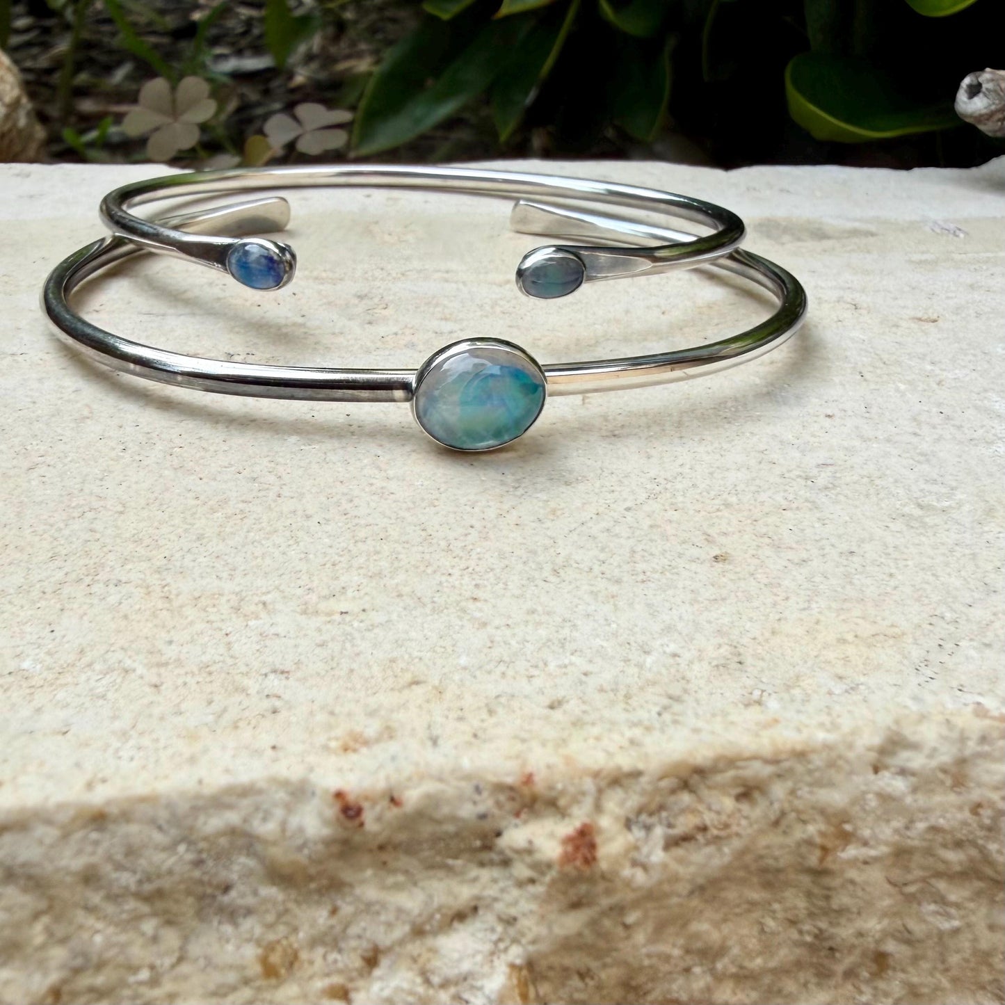 Rainbow Moonstone Cuff Set of 2 • Handmade Adjustable Sterling Silver Stack Bracelets