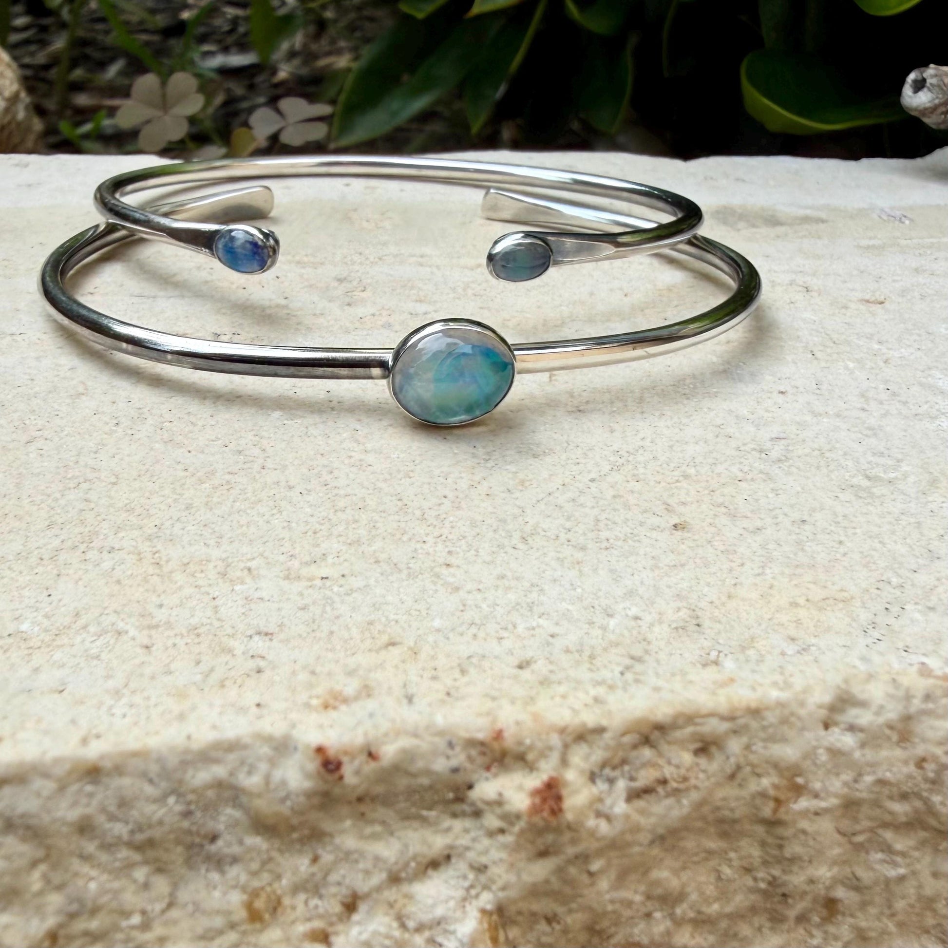 Rainbow Moonstone Cuff Set of 2 • Handmade Adjustable Sterling Silver Stack Bracelets