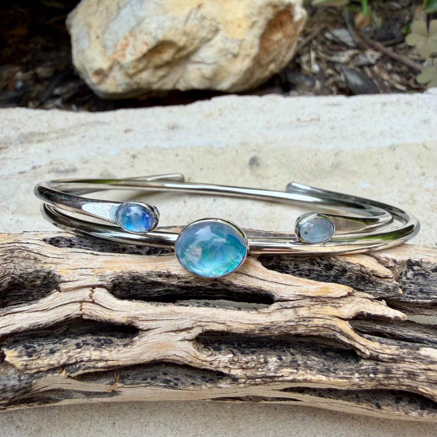 Rainbow Moonstone Cuff Set of 2 • Handmade Adjustable Sterling Silver Stack Bracelets