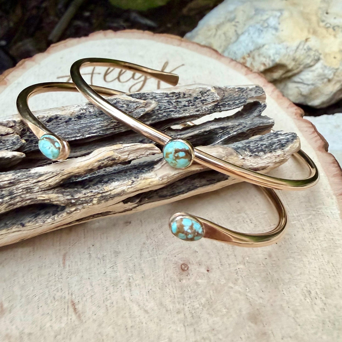 14k Gold Filled Number 8 Turquoise Cuff Bracelet Set • Hand‑Forged Two‑Piece Stack