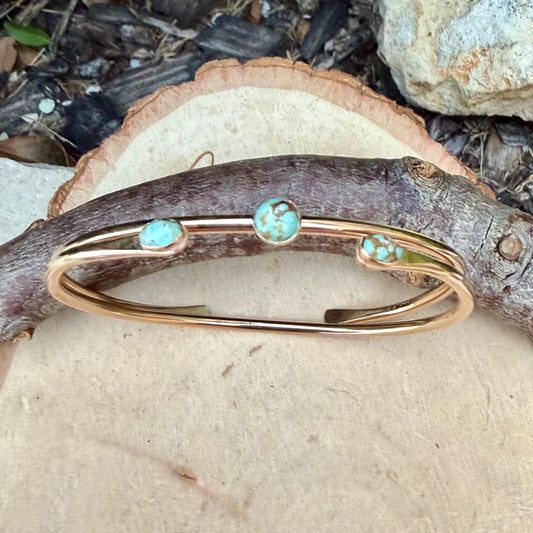 14k Gold Filled Number 8 Turquoise Cuff Bracelet Set • Hand‑Forged Two‑Piece Stack