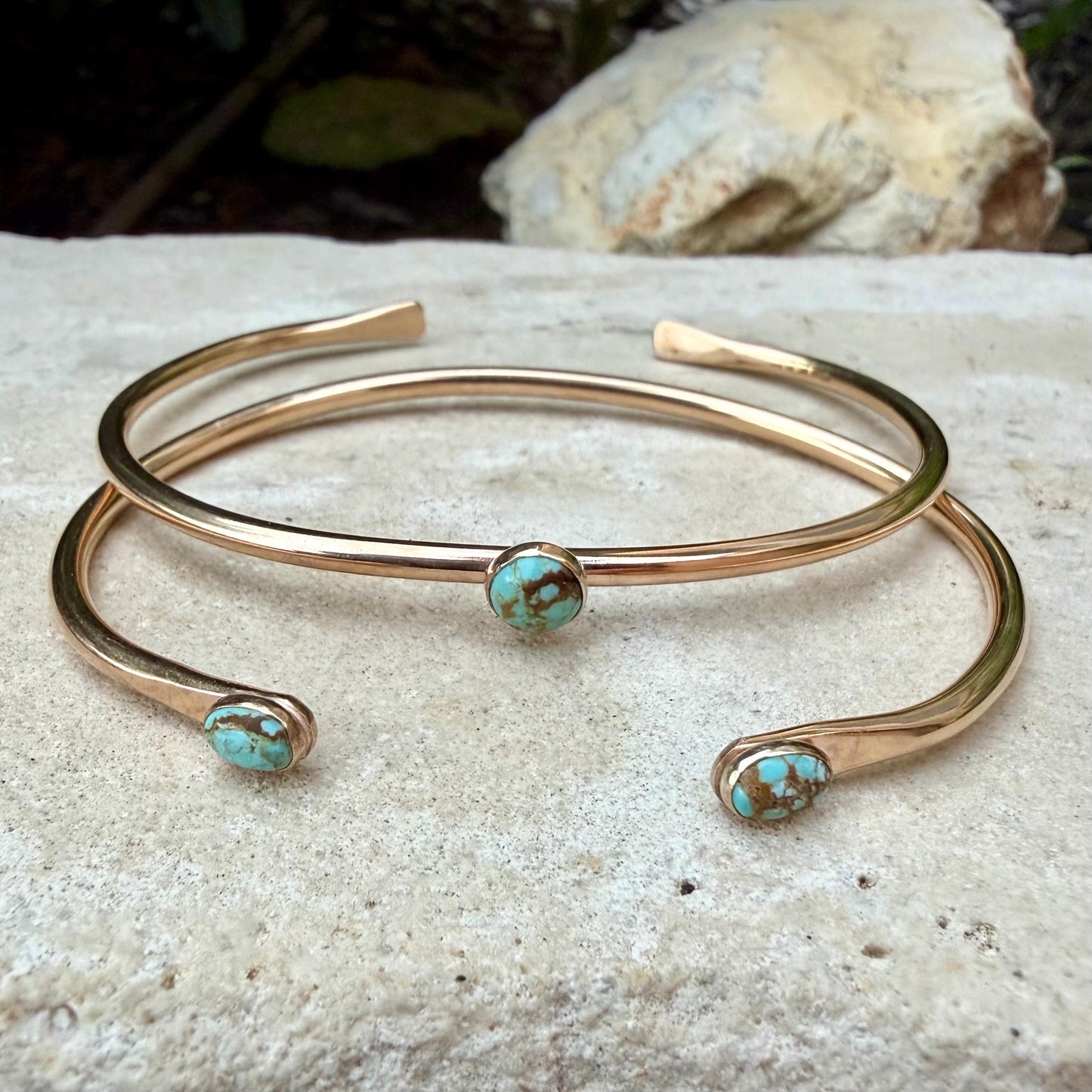 14k Gold Filled Number 8 Turquoise Cuff Bracelet Set • Hand‑Forged Two‑Piece Stack