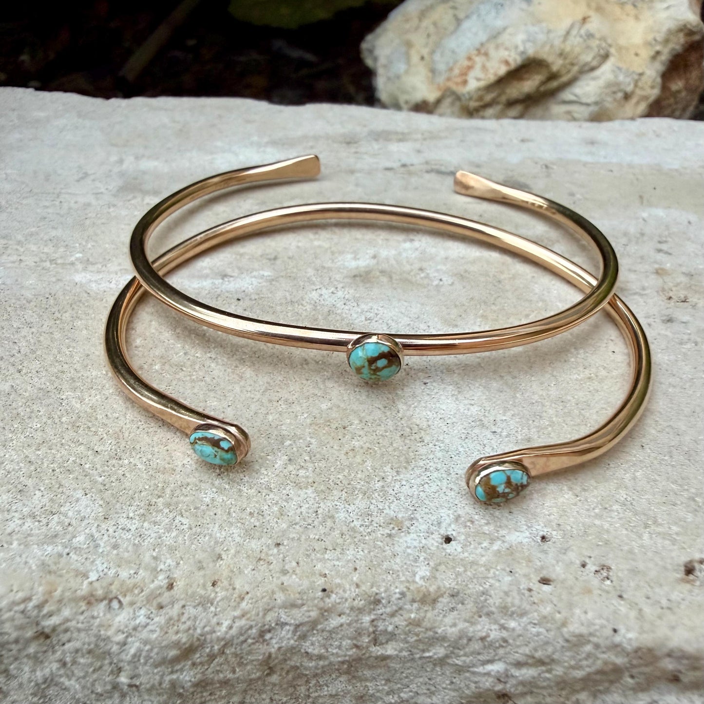 14k Gold Filled Number 8 Turquoise Cuff Bracelet Set • Hand‑Forged Two‑Piece Stack