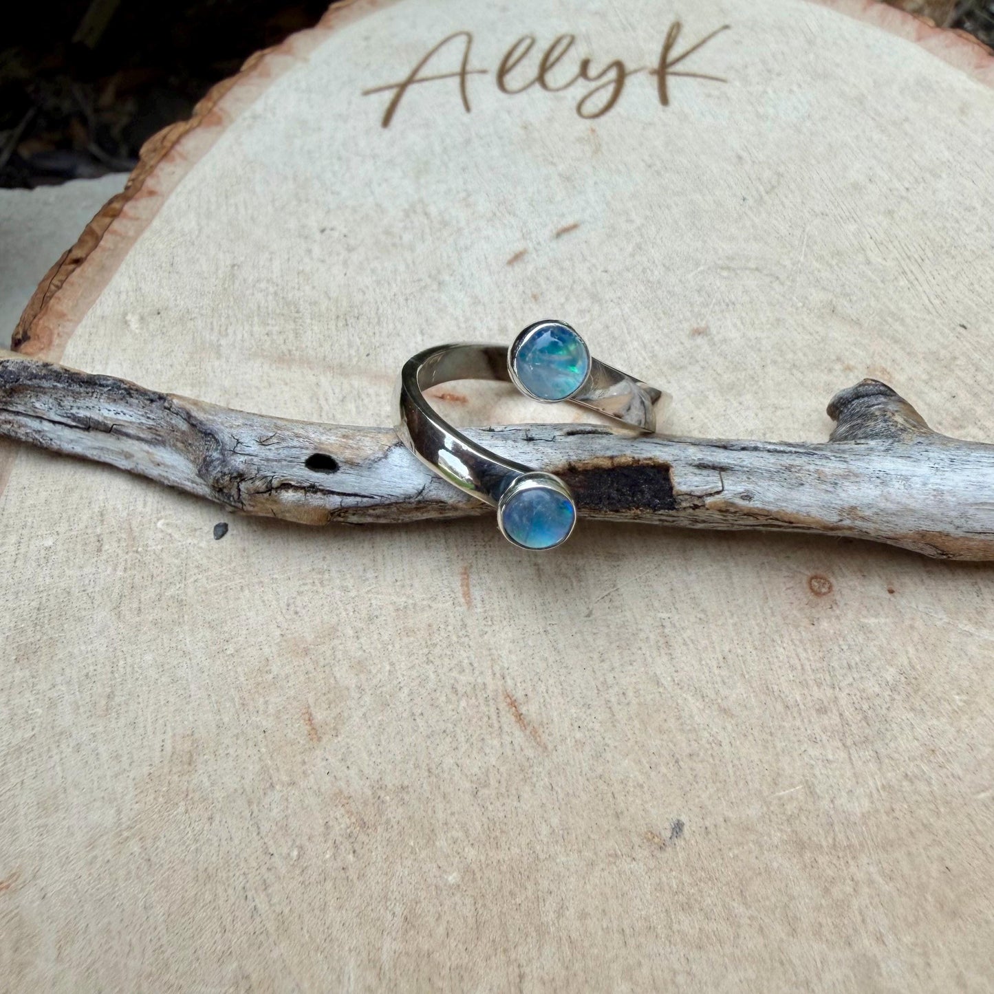 Rainbow Moonstone Sterling Silver Ring • Adjustable Double Bezel • Open Design