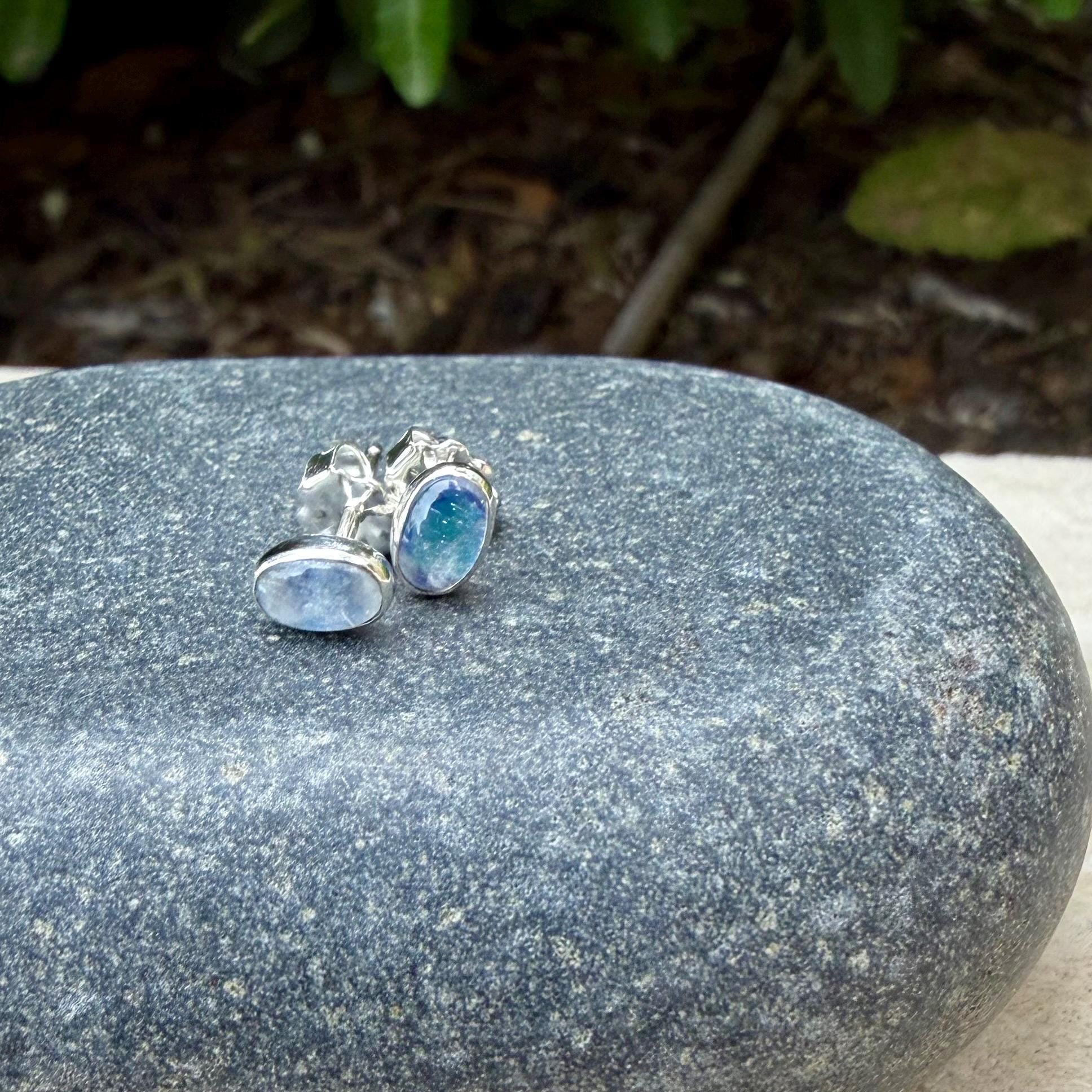Rainbow Moonstone Stud Post Earrings • 4×6mm Oval • Sterling Silver