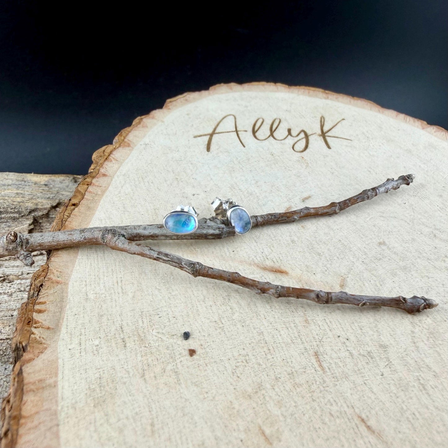 Rainbow Moonstone Stud Post Earrings • 4×6mm Oval • Sterling Silver