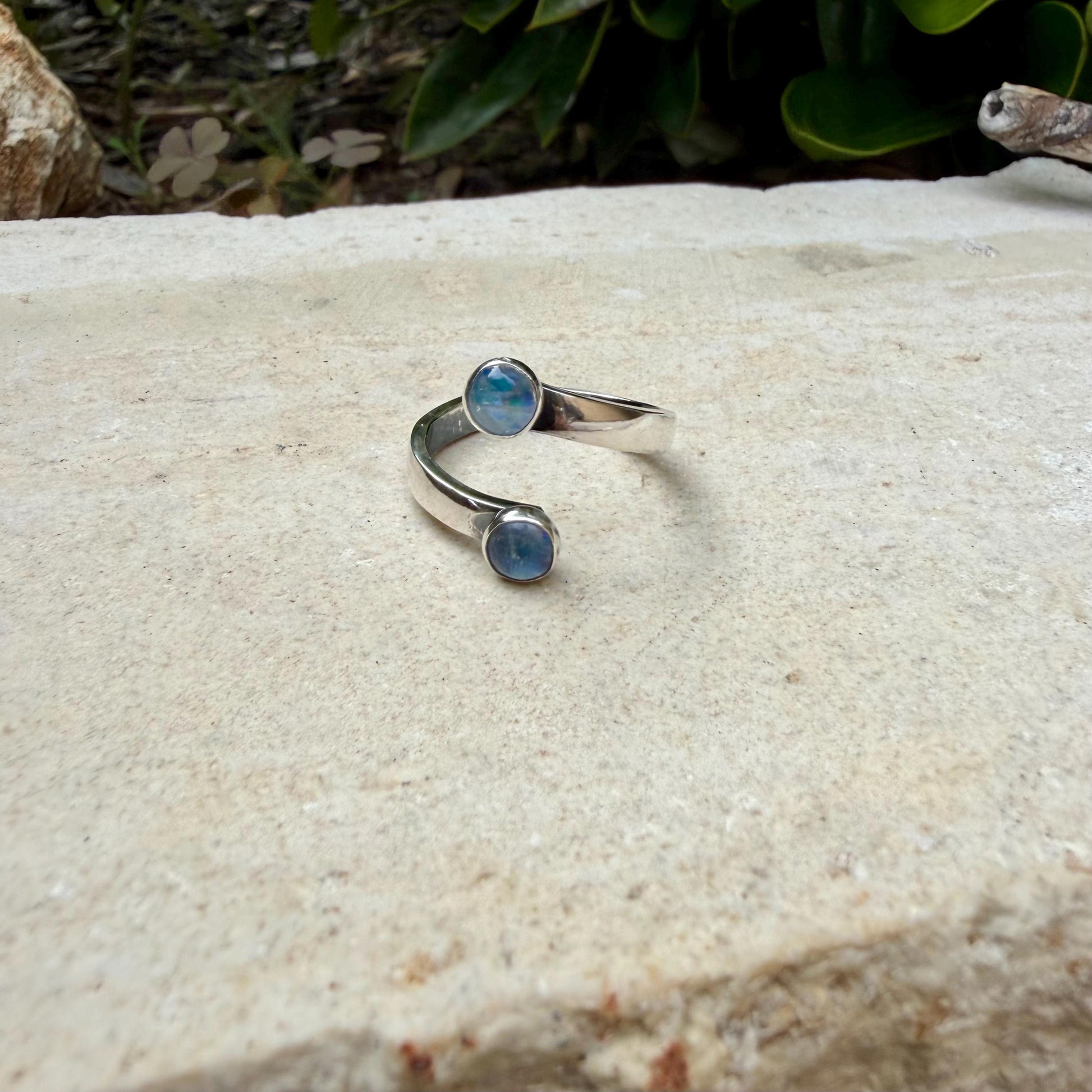 Rainbow Moonstone Sterling Silver Ring • Adjustable Double Bezel • Open Design