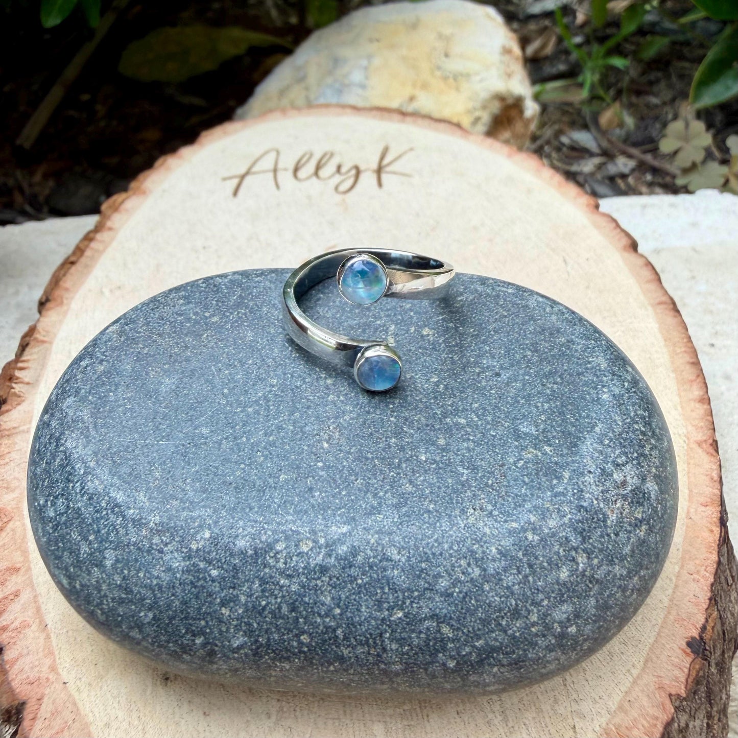 Rainbow Moonstone Sterling Silver Ring • Adjustable Double Bezel • Open Design