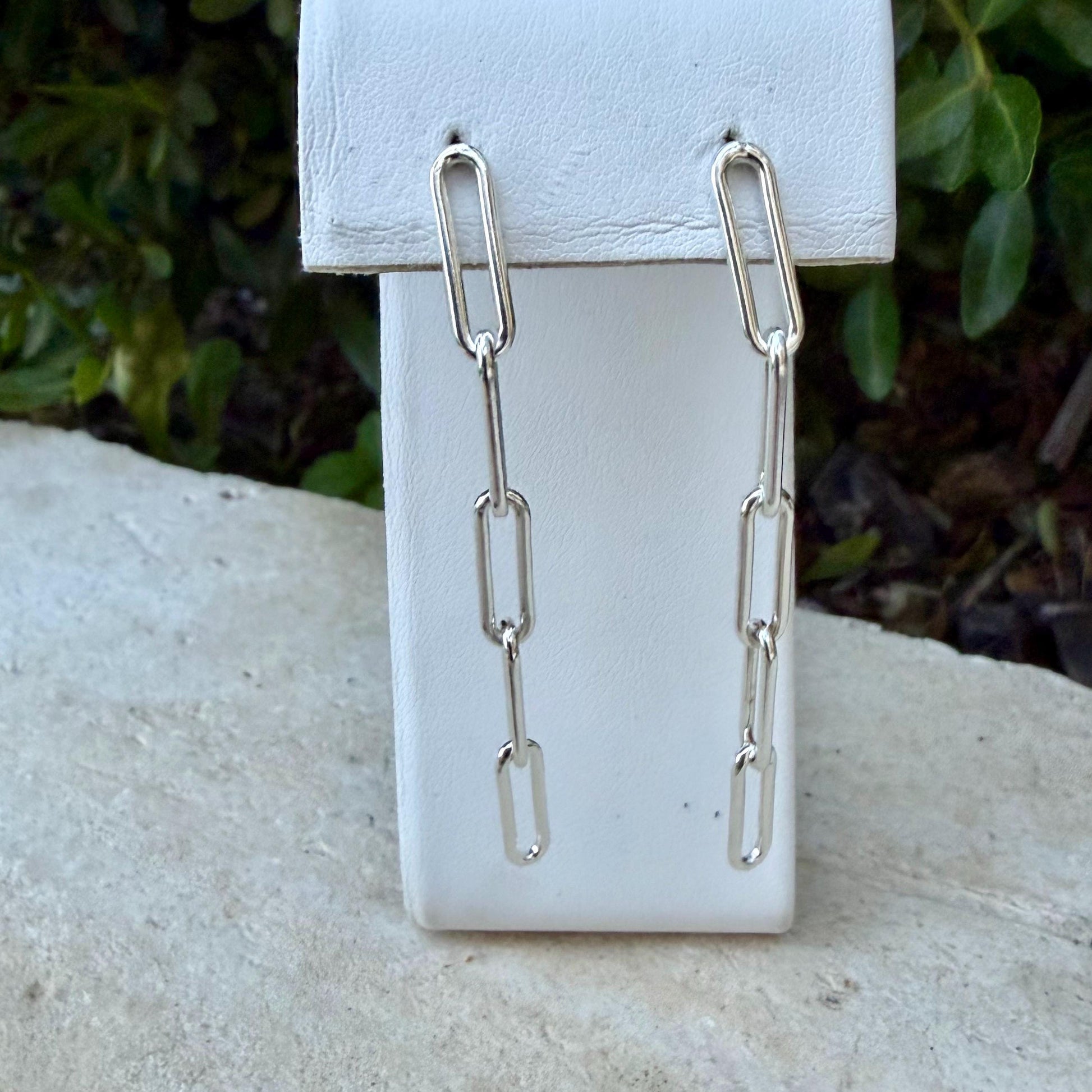 Sterling Silver Post Drop Paperclip Earrings • Modern Long Silver