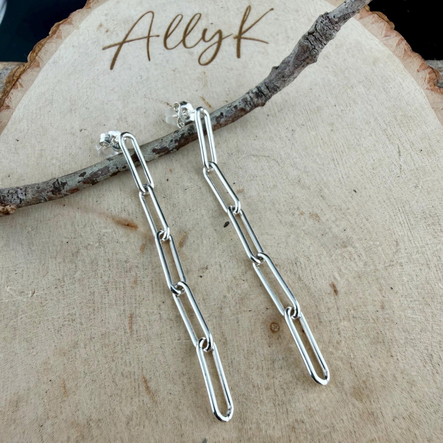 Sterling Silver Post Drop Paperclip Earrings • Modern Long Silver