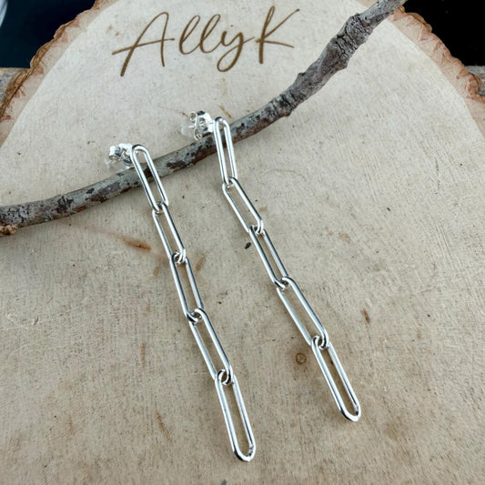 Sterling Silver Post Drop Paperclip Earrings • Modern Long Silver