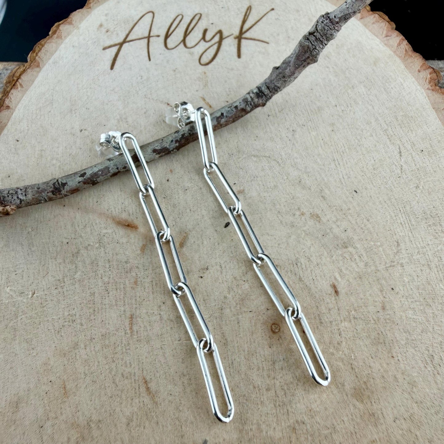 Sterling Silver Post Drop Paperclip Earrings • Modern Long Silver