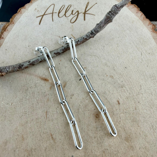 Sterling Silver Post Drop Paperclip Earrings • Modern Long Silver